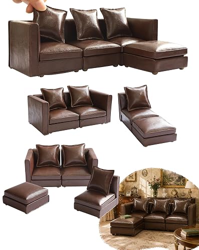iLAND Dollhouse Furniture Sectional Dollhouse Couch Set Brown Faux Leather