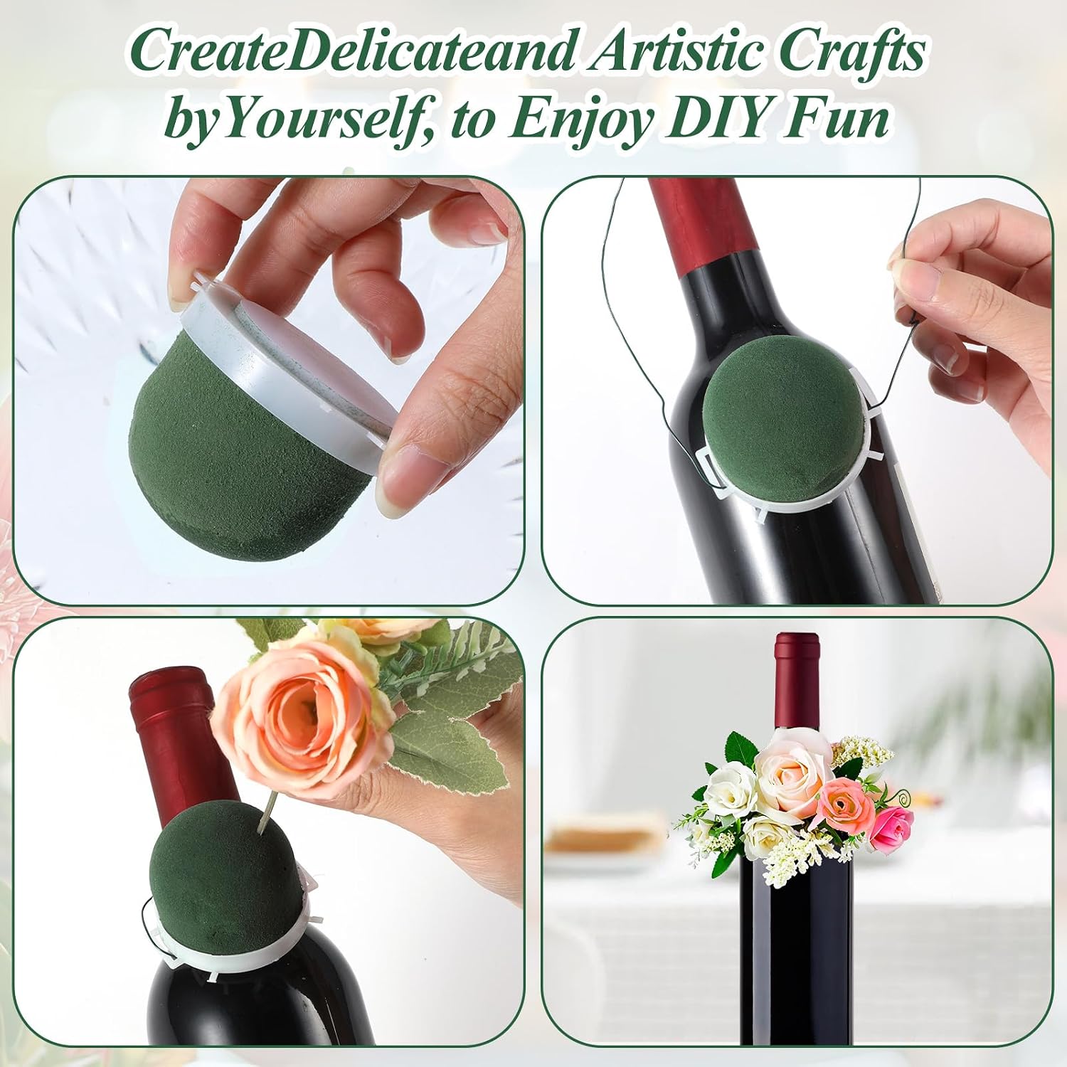 24 Pcs Mini Round Floral Foam Holders Green Flower Arrangement Foam Blocks with Adhesive Backing and Floral Wire for Wedding, Table Centerpieces, Wine Bottle Decor, DIY Flower Arrangements