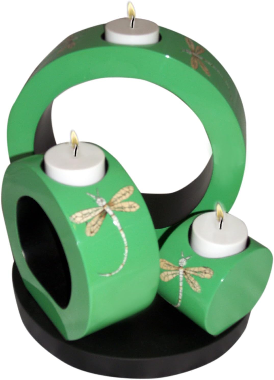 NACRE FASHION Eggshell Dragonflies on Opaque Light Green - Set of Decorative Wooden Lacquer Ring shapped Tea-Light candleholders