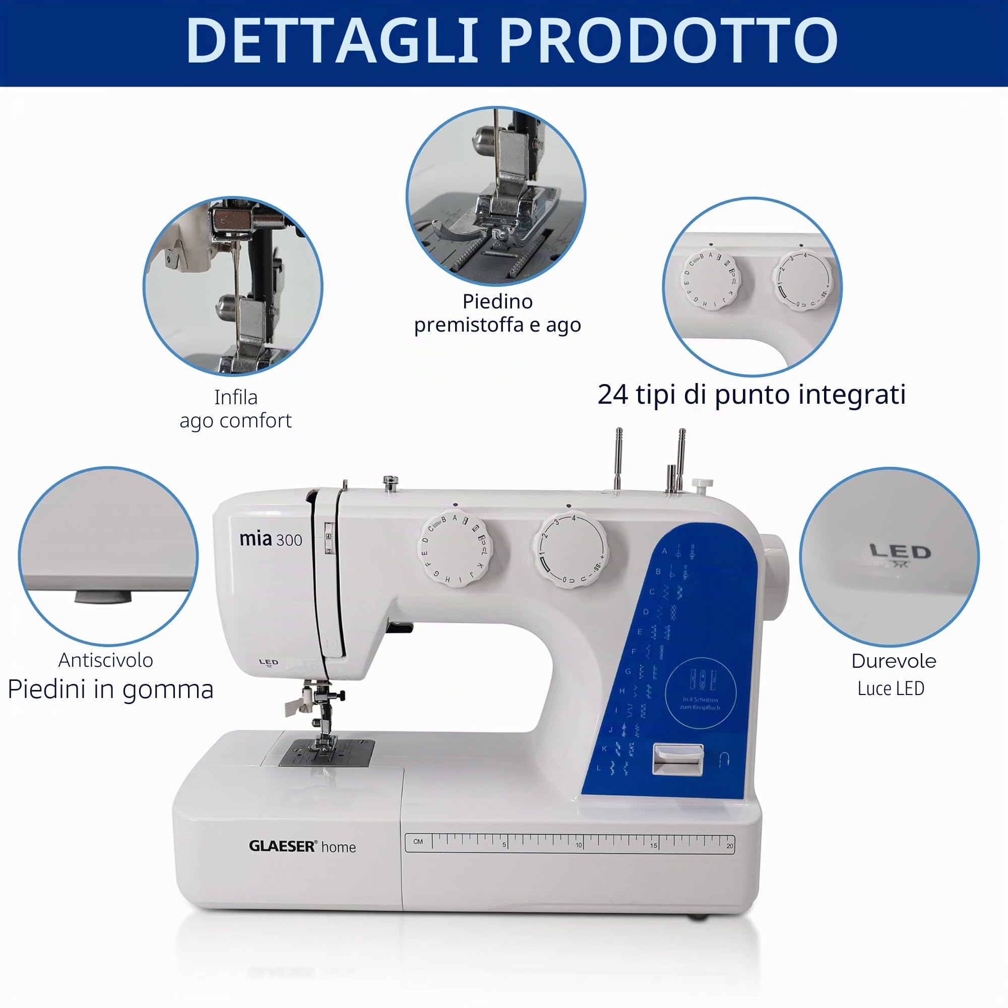 Macchina da cucire Easy GLAESER® Home Mia 300 | Macchina da cucire per principianti | Infilatore automatico | 24 punti – Varianti | Facilissimo da usare bianco/blu