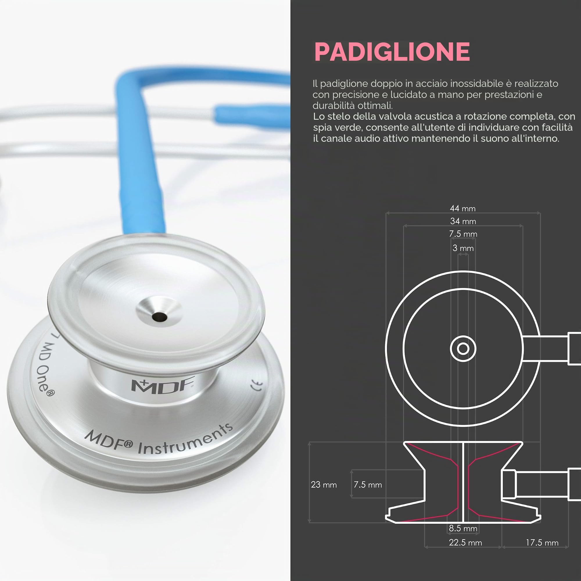 MDF® MD One® Stetoscopio in acciaio inox premium della a due testine - Azzurro (MDF777-14)