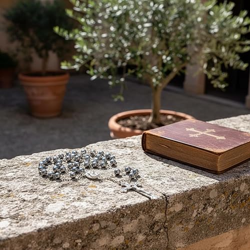 Vista 4 de Nazareth Store Hematite Rosary Beads Black Stone Catholic Rosary Necklace with Jerusalem Holy Soil & Cross Antique Religious Rosaries Beads Negro