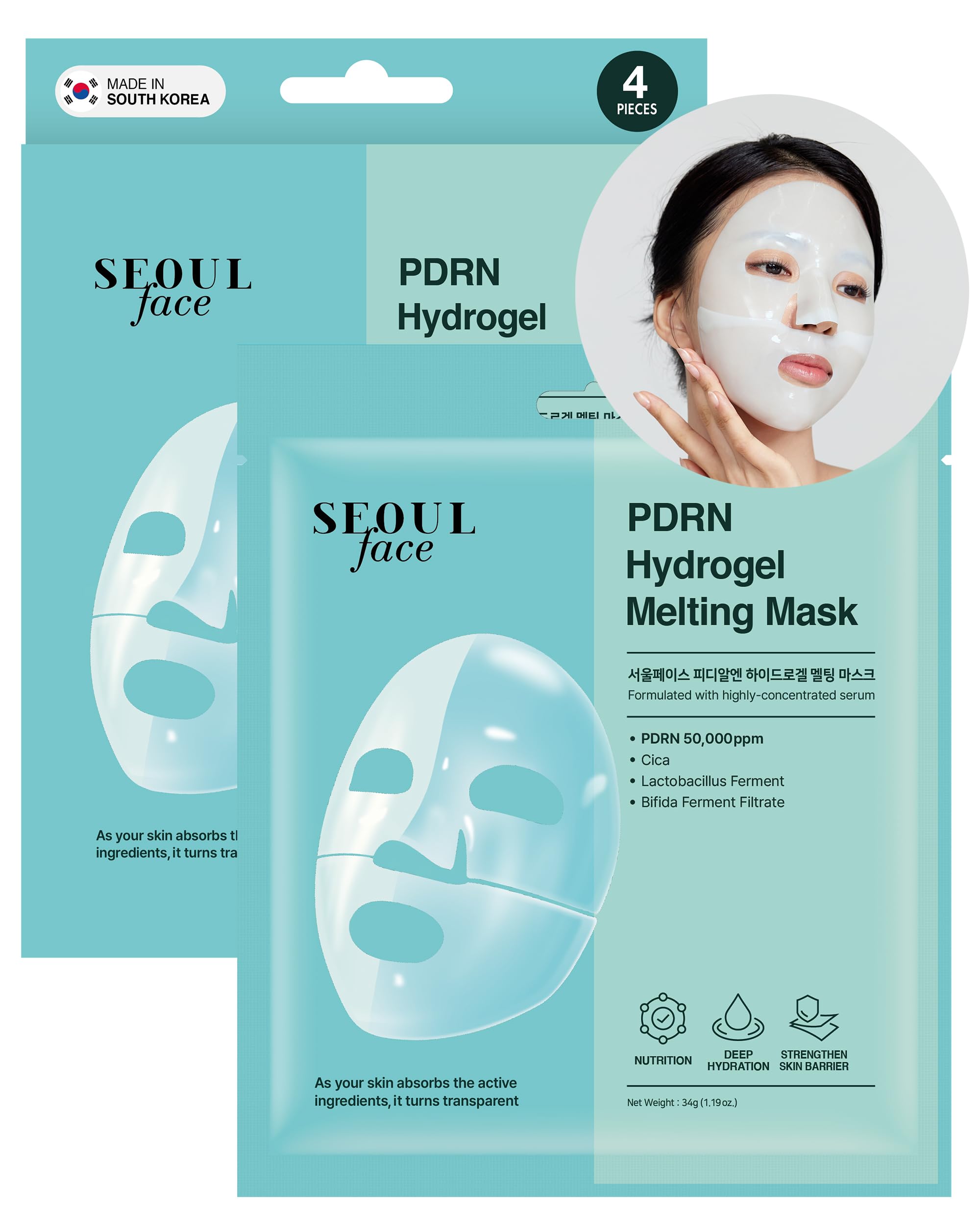 DERMAL Seoul Face PDRN Hydrogel Melting Mask 4 Pack - 5 Salmon DNA Overnight Regeneration Facial Mask -