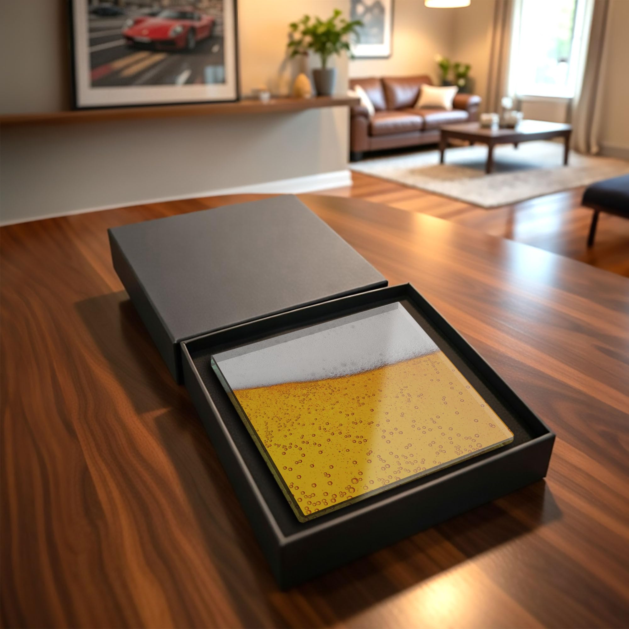 Beer Effect Square Glass Coaster Funny Beer Drink Coaster Tempered Glass Pub Bar Gift (Gift Box Packaging)