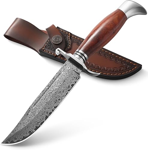Cuchillo Bowie de 10.5 pulgadas con funda, cuchillo de hoja fija para caza al aire libre (hoja de damasco tipo japonés)