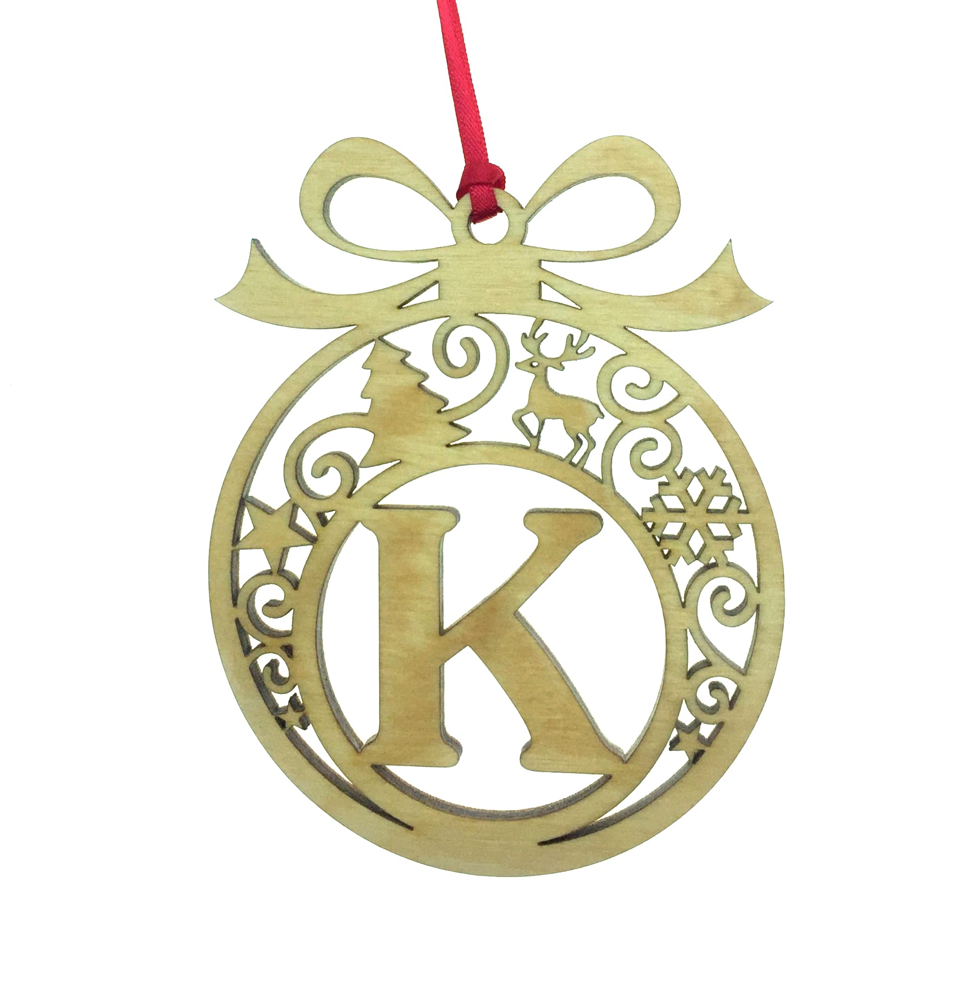 Personalised Christmas tree bauble decoration pendant ornament: Letter K, Natural Wood, Small
