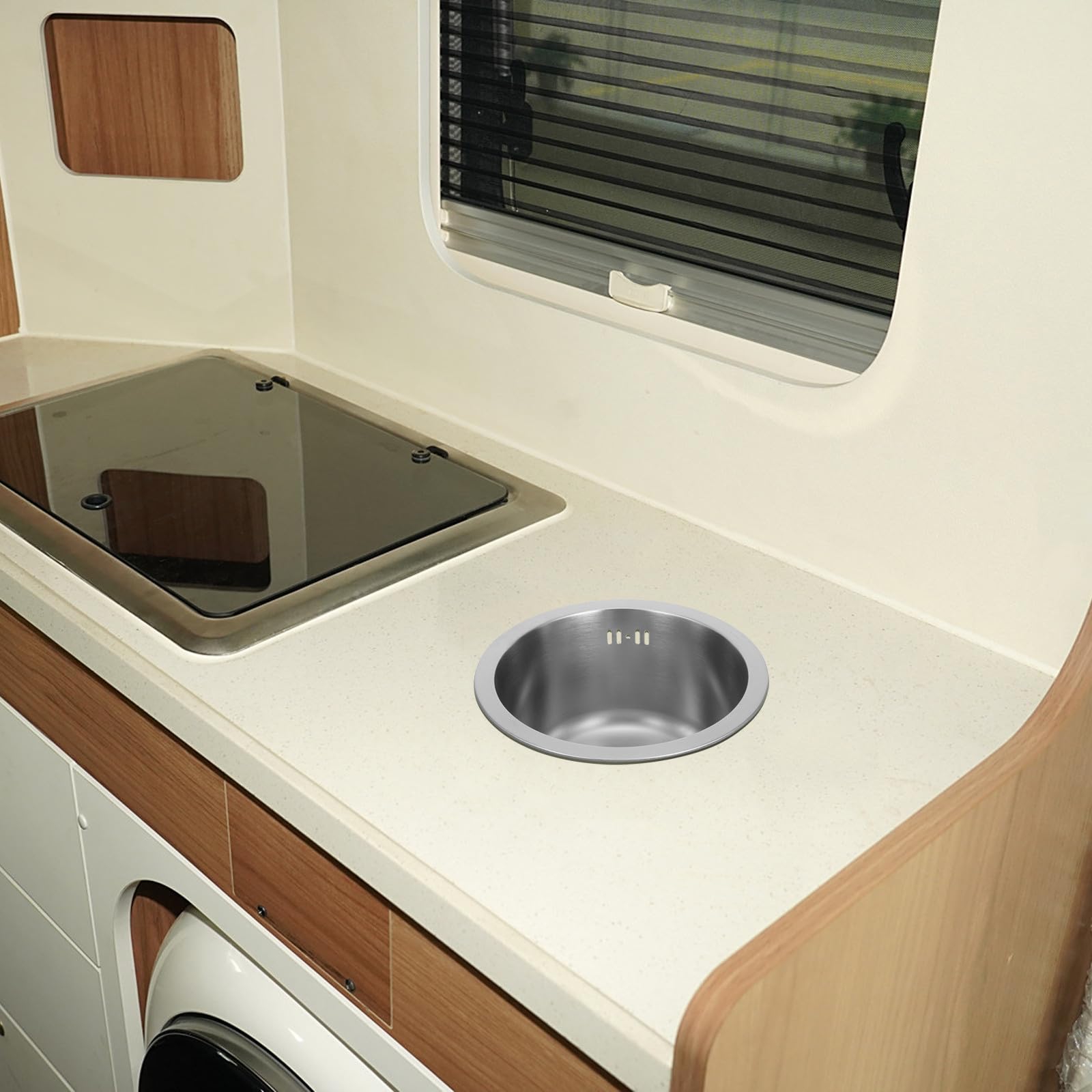 VALICLUD Wohnmobilspüle Rundes Edelstahlwaschbecken 11 Zoll Silber Einzelbecken mit Ablaufzubehör für Riegel und Gewerbliche Bereiche Vielseitige Montage