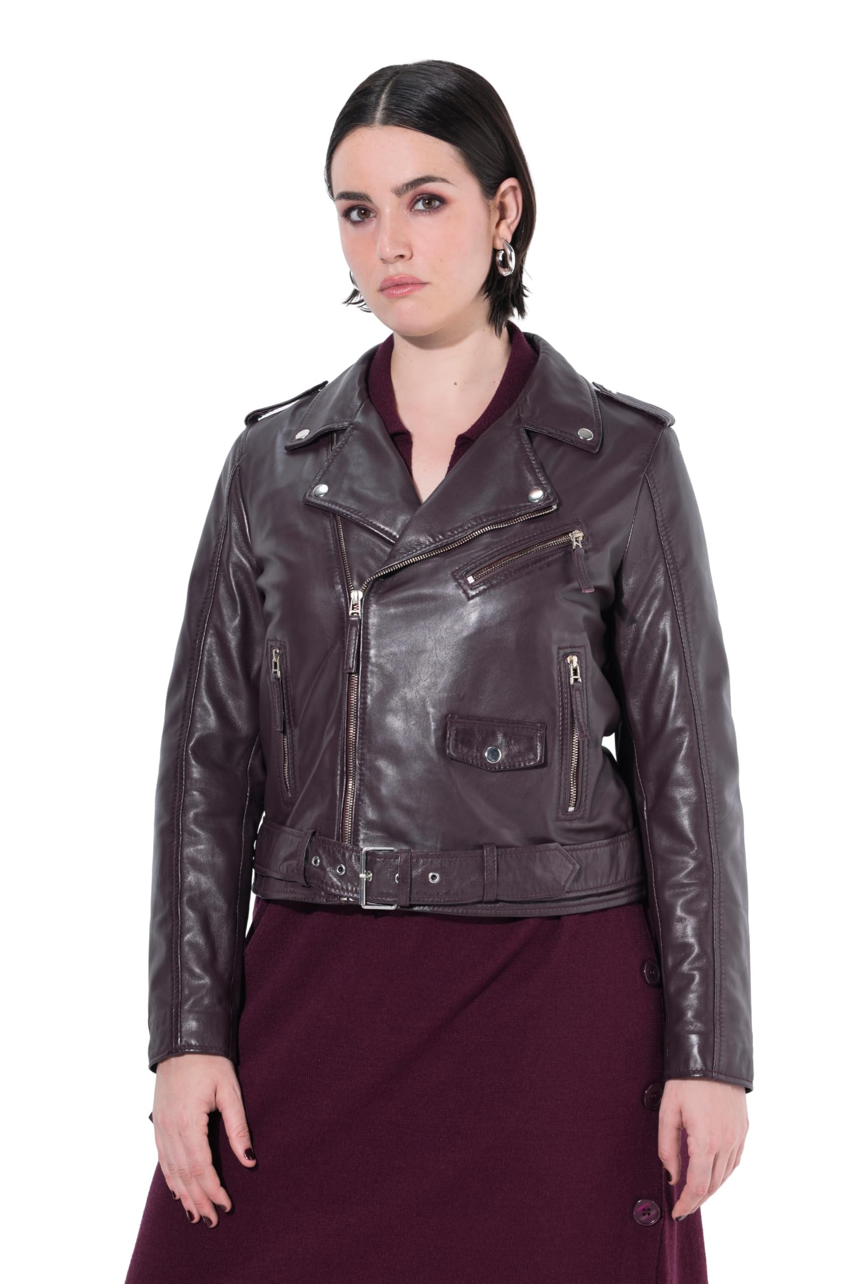 Ulla Popken Damen große Größen Übergrößen Plus Size Lederjacke, Bikerstil, Reverskragen, Bindegürtel 816090