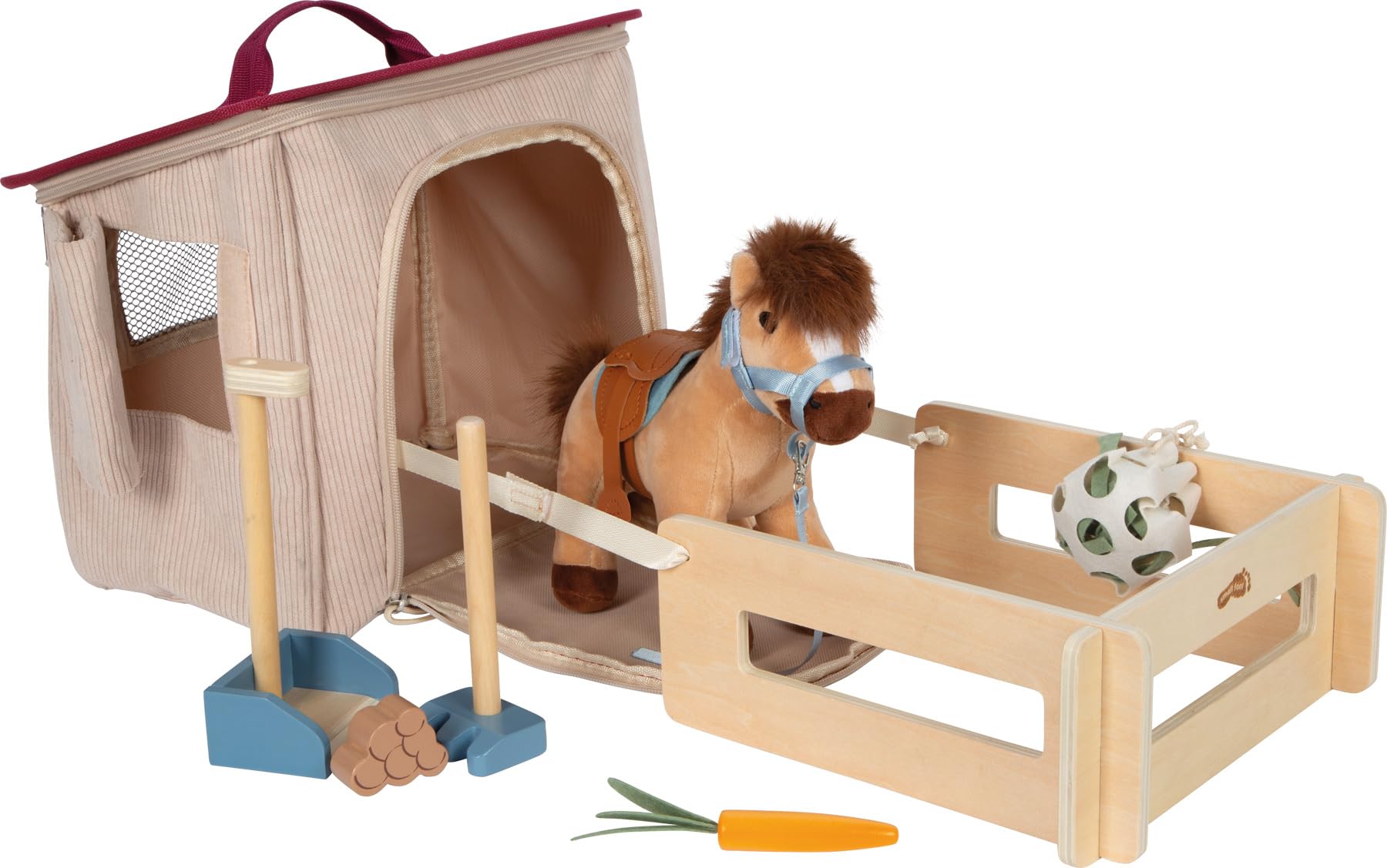 Small Foot Set da Gioco Cavallo con stalla e Accessori nella Borsa, Cavallo di Peluche con numerosi Accessori per Cavalcare e per la Cura, per Bambini dai 2 Anni, 12731