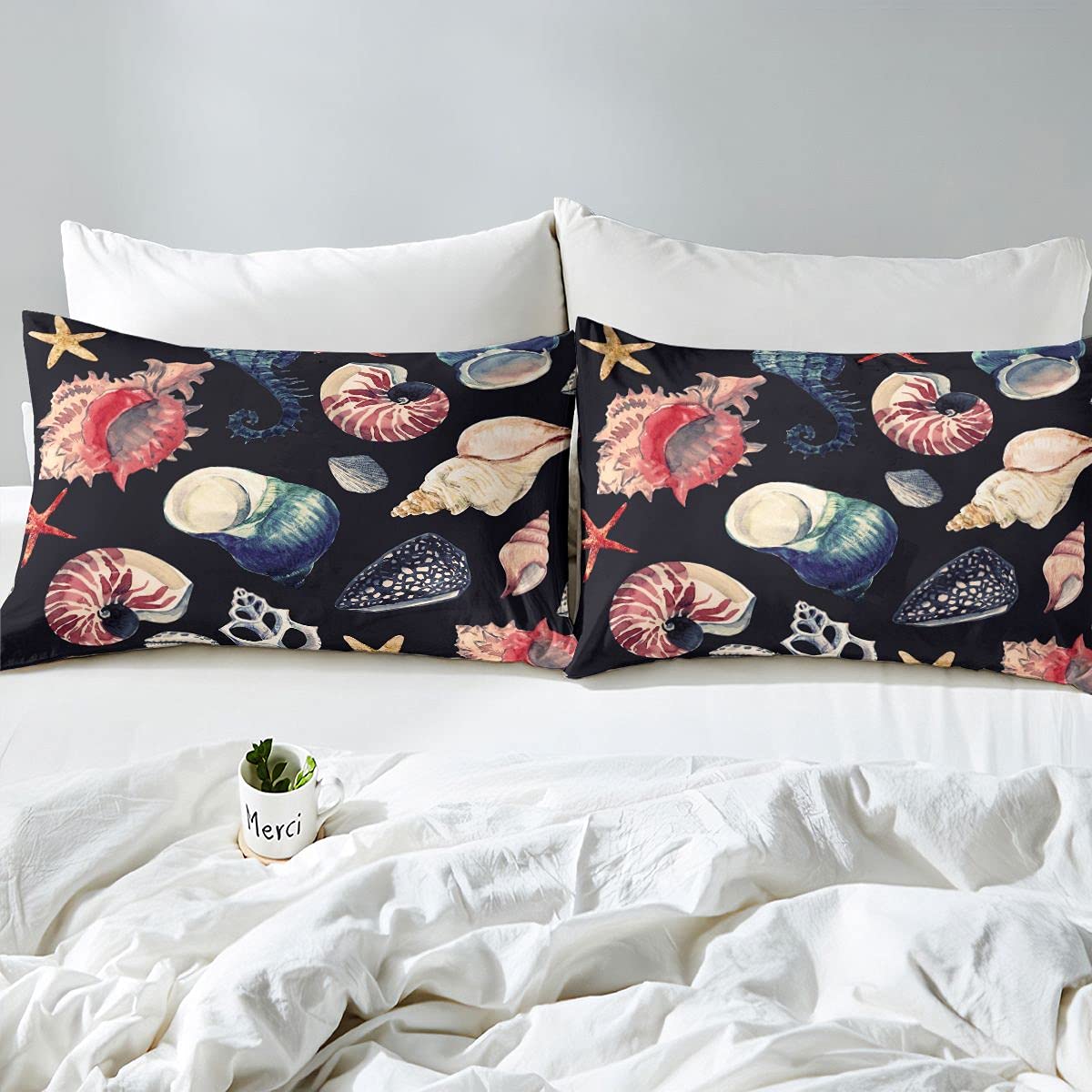 Conch - Juego de ropa de cama y ropa de cama para niños, niñas, adolescentes, animales acuáticos, funda de edredón transpirable, ropa de cama negra y lino Super King
