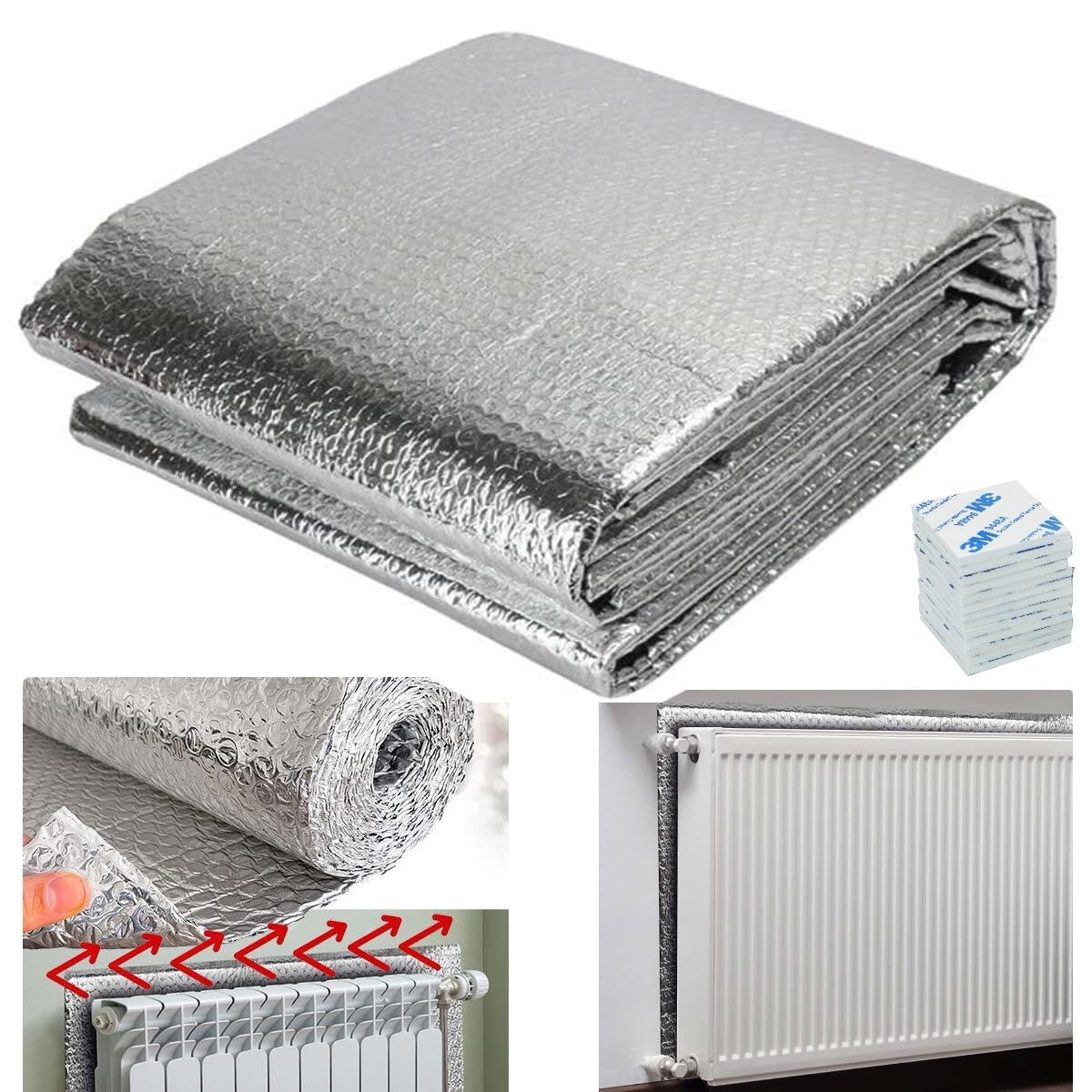 Almineez Silver Radiator Reflective Foil Foil Insulation Sheet Heat Reflector Energy Saving Foil Panel Easy Install – – Size 5M X 60Cm - With Adhesive Pads - Covers 3+ Radiators