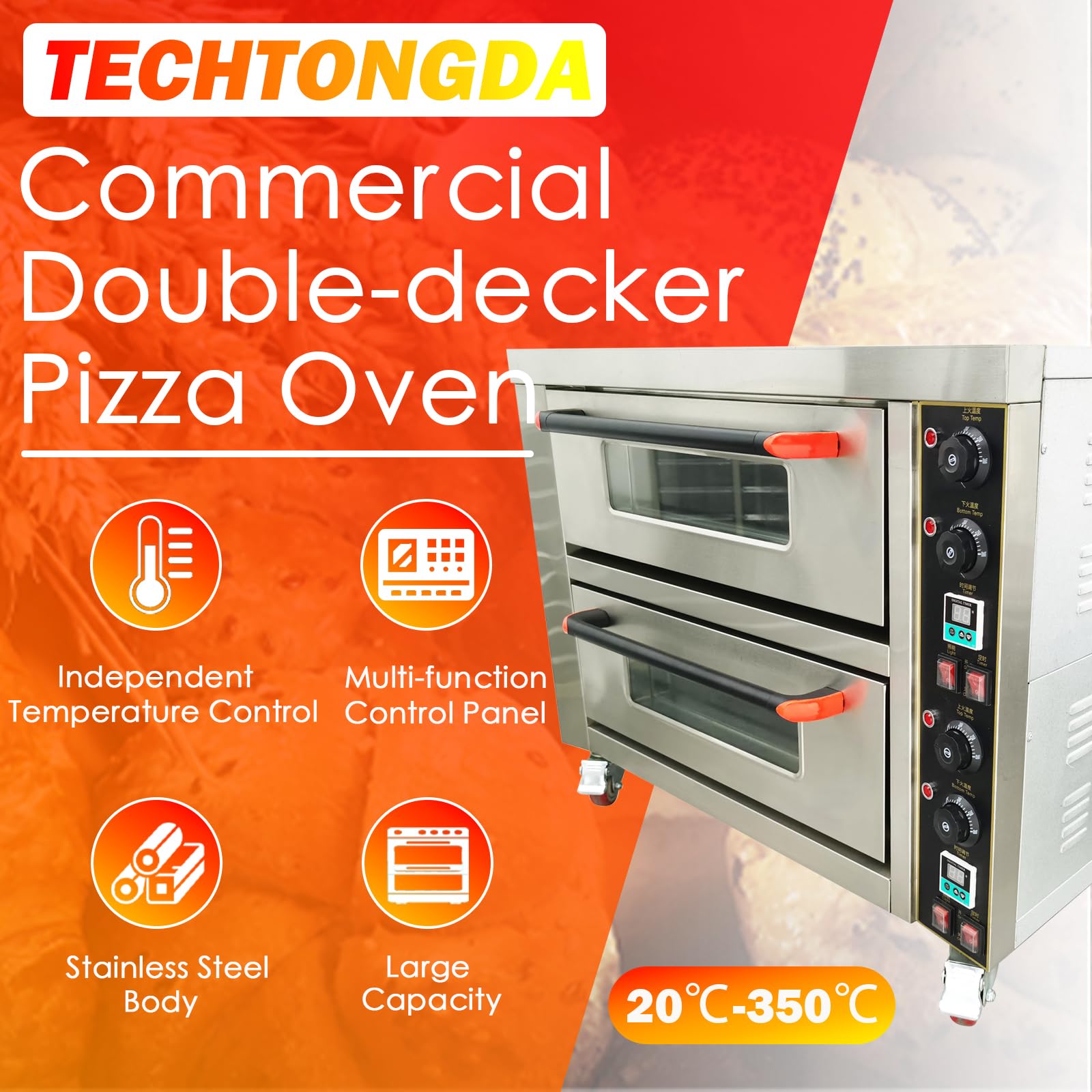 TECHTONGDA Commercial Electric Pizza Oven 6.4KW Stainless Steel Movable Double-decker Pizza Oven Independent Temperature Control 20?-350? Single Phase 220V