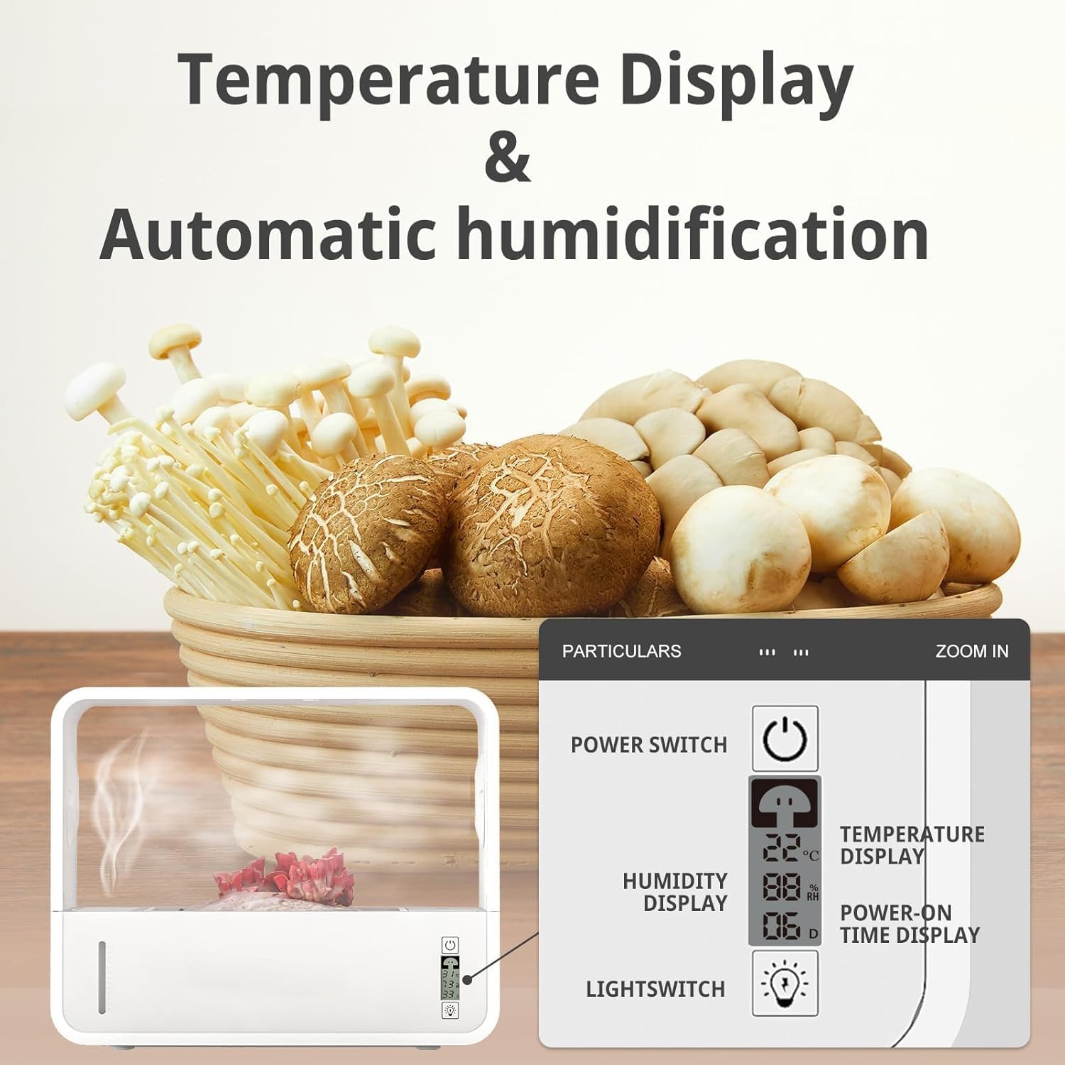 Tienda de cultivo de hongos, kit de cultivo de hongos inteligentes con temperatura y exhibición de humedad para amantes de los hongos, estaciones de propagación de la campana de humo de micología para