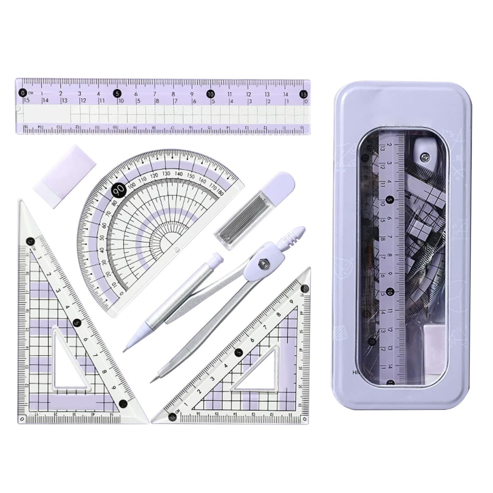 Protractor And Compass Set,Geometry Sets for Secondary School Stationery Supplies Pink Aesthetic Cute Math Kit Maths Set Kids Drawing Equipment Box,for Girls Students Teaching (Purple)