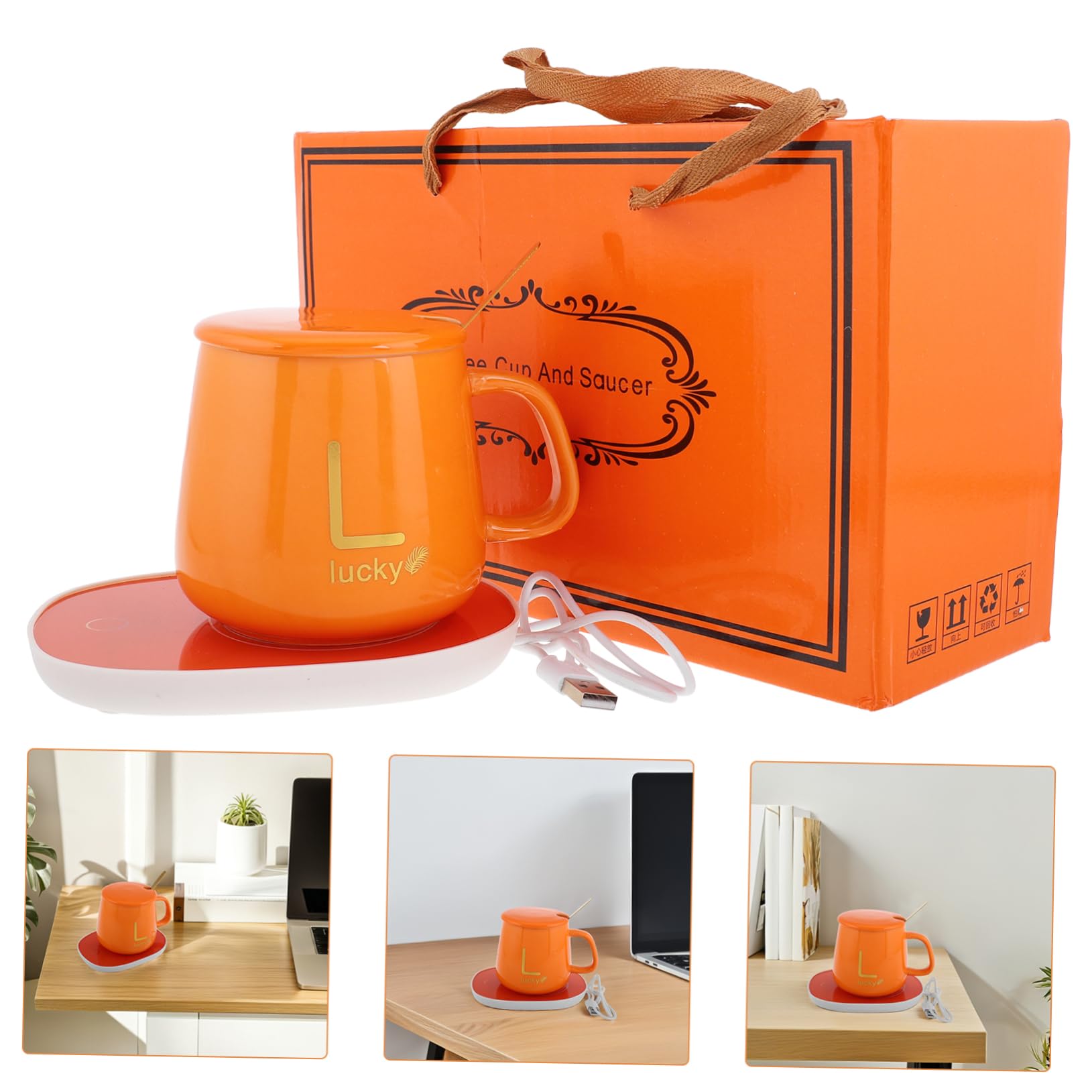 Cabilock Scaldatazze Elettrico Con Set Tazze Termiche in Ceramica, Riscaldamento Usb 5v, Antiscottatura Ergonomico, Per Ufficio, Casa e Regalo Confezione