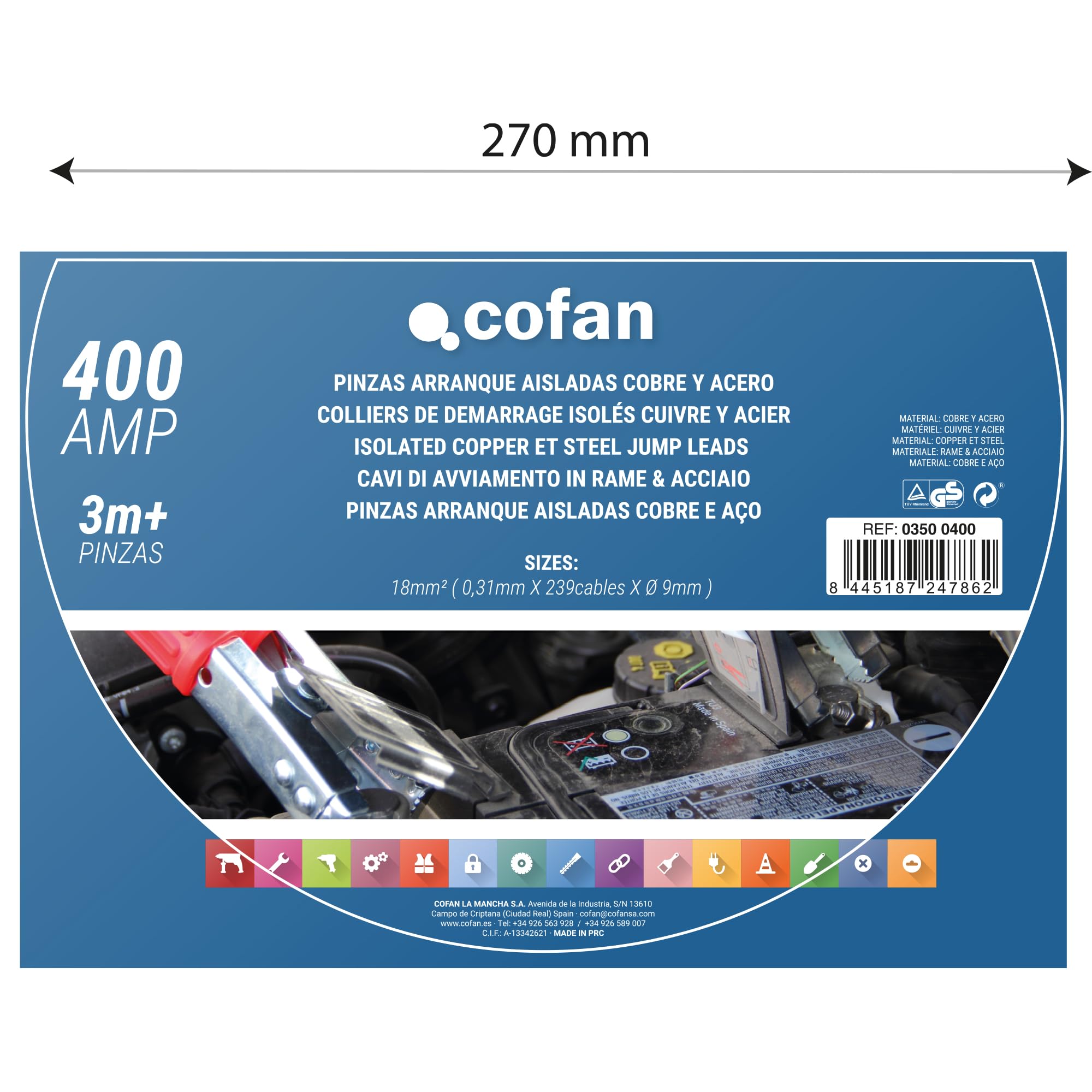 Pinces de démarrage de 400 AMP avec câble 3 m+ pinces | Convient à tous les types de batteries de véhicules avec batterie 12-24 V.
