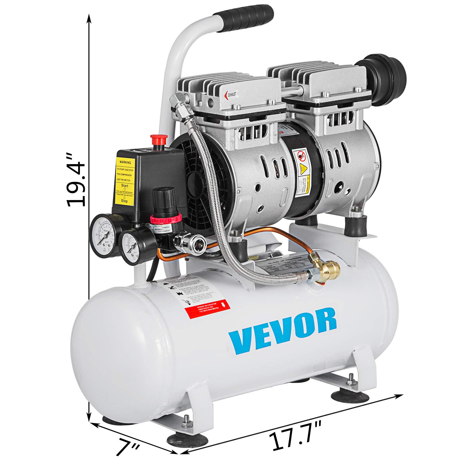 VEVOR Compresseur d’Air sans Huile Compresseur Silencieux à Air Comprimé Compresseur Outil d’Atelier pour Réparations Domiciliaires, Gonflage de Pneus (9L 550W, Moteur en Cuivre Pur)