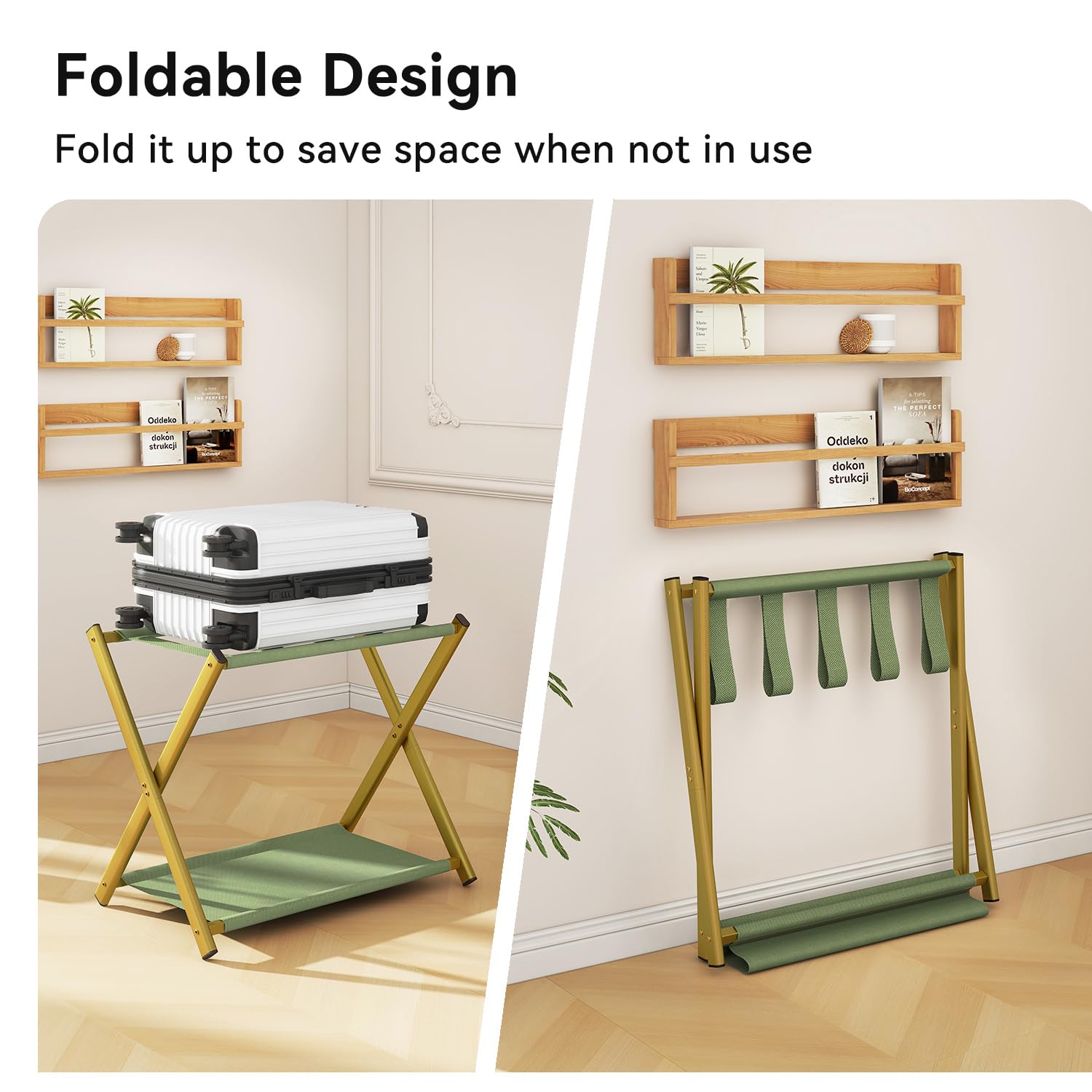 IBUYKE Gepäckhalter für alle Koffergrößen,Klappbarer Kofferhalter mit Stofflagerregal,Einfach zu montieren für Schlafzimmer Wohnzimmer Hotel,Gold TLR002G