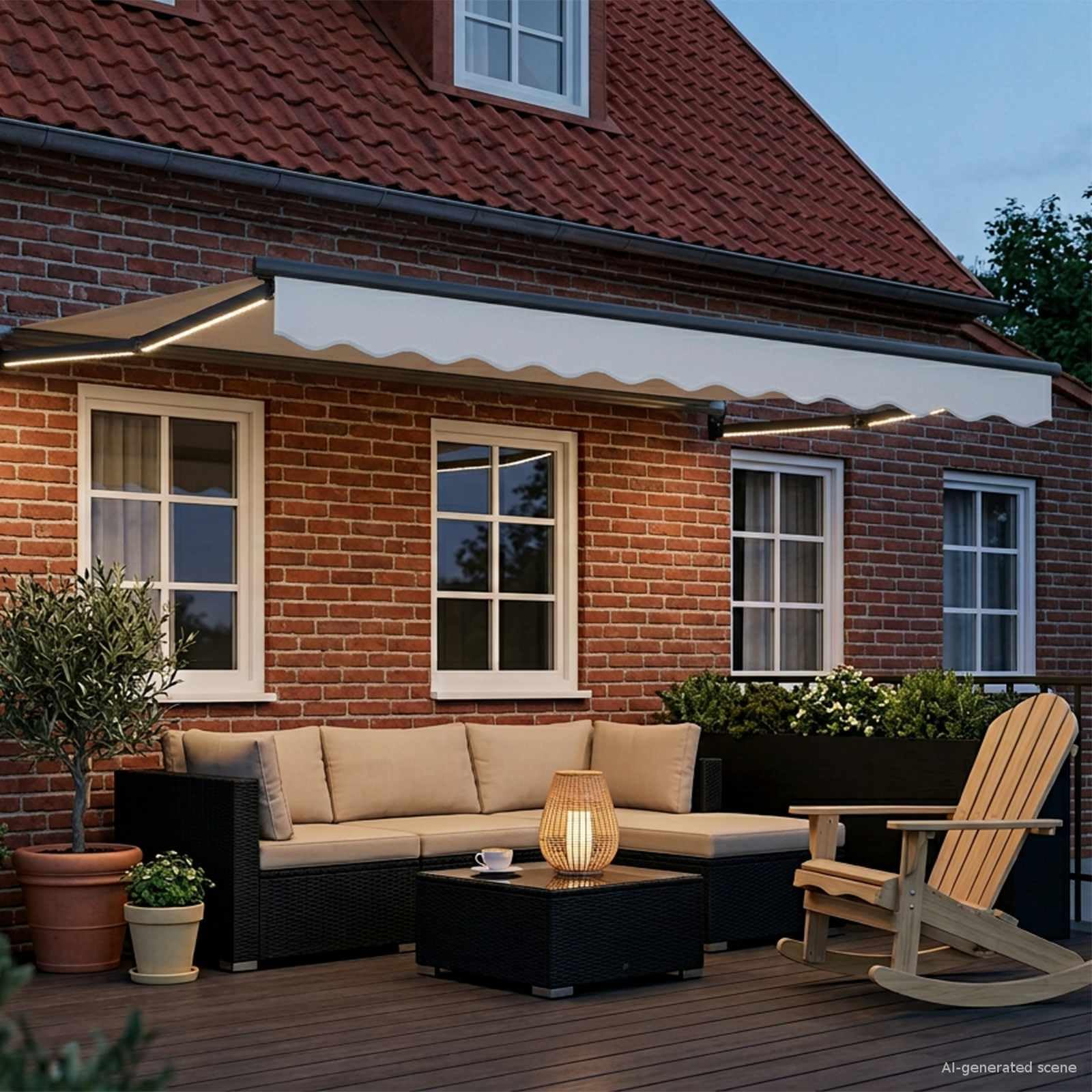 Toldo eléctrico extensible blanco 3 x 2,5 m con sensor de clima LED, marco de aluminio, protección solar, protección contra el viento, impermeable para jardín, balcón, terraza, exterior