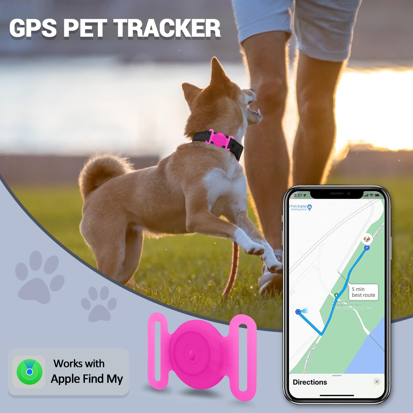 GPS Tracker for Dogs, Mini GPS Cat Tracker, IPX8 Waterproof GPS Trackers for Cats with Holder, No Monthly Fee, Work with Apple Find My(iOS Only), Smart Trackers for Dogs-YGPink-5 - image 2