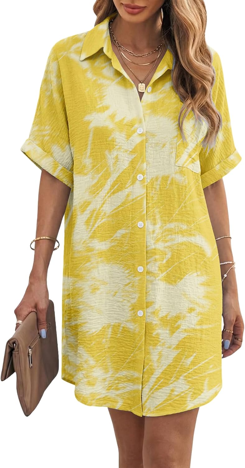 Angerella Womens Swimsuit Coverup Blouse Short Sleeve Button Down Shirt Dress Bathing Suit Cover Ups Beach Vacation Outfits