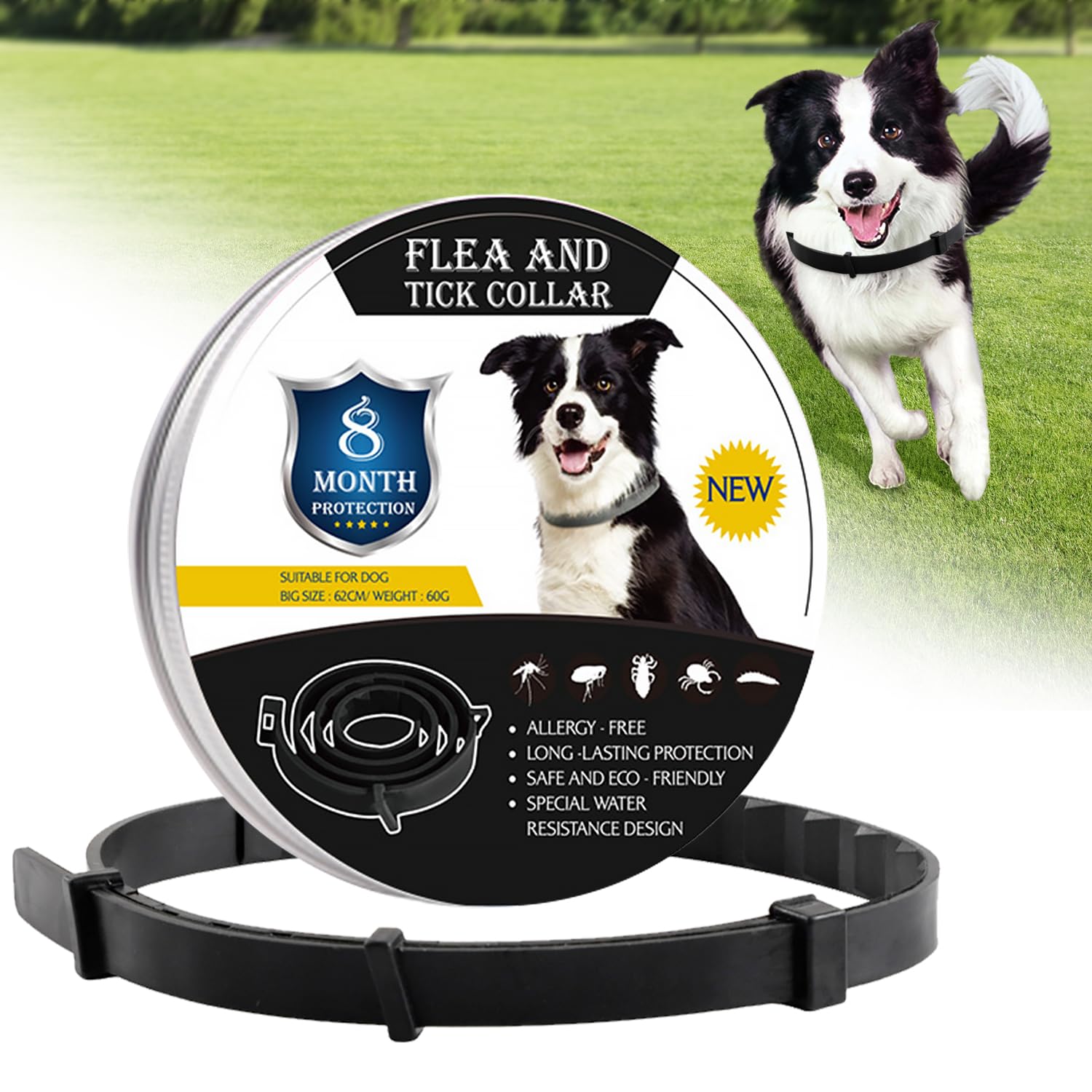 Collar Perros,8 Meses protección,62cm Ajustable Todos tamaños,100% Natural ingrediente,Impermeable,para Perros y Gatos(Negro)