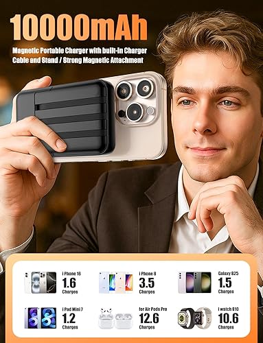 Miniatura 2 de Essri Banco de energía magnético inalámbrico de 10000 mAh, cargador portátil con cable integrado, PD de 22.5 W de carga rápida para batería Magsafe