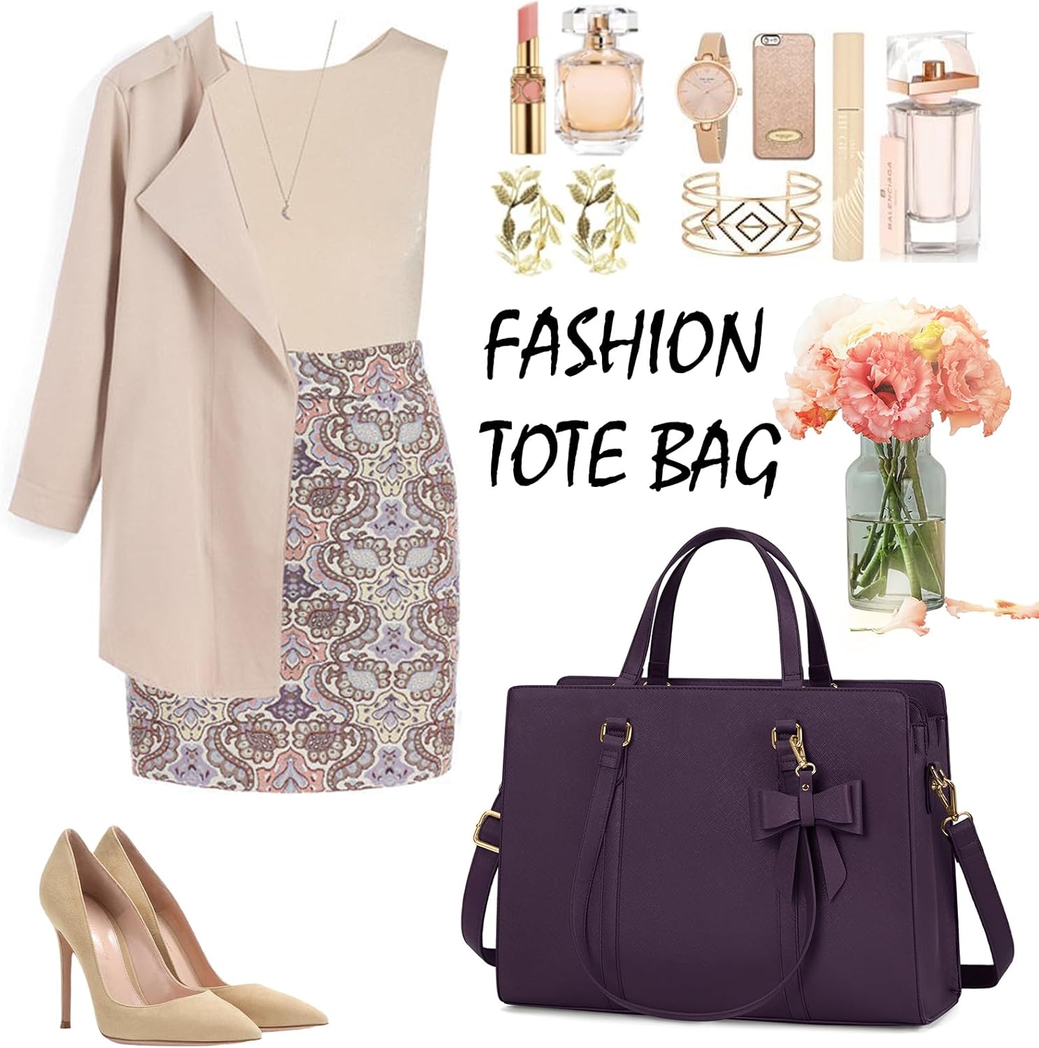 Laptop Bag for Women 15.6 inch Laptop Tote Bag Waterproof Leather Computer Bag Large Lightweight Briefcase Professional Business Work Bag Dark Purple - Image 8