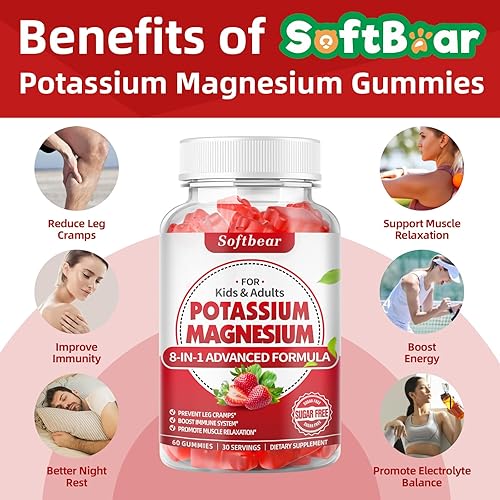 Miniatura 3 de softbear Gomitas de potasio para adultos, suplemento de magnesio y potasio de alta absorción con vitamina B6 para calambres en las piernas y salud