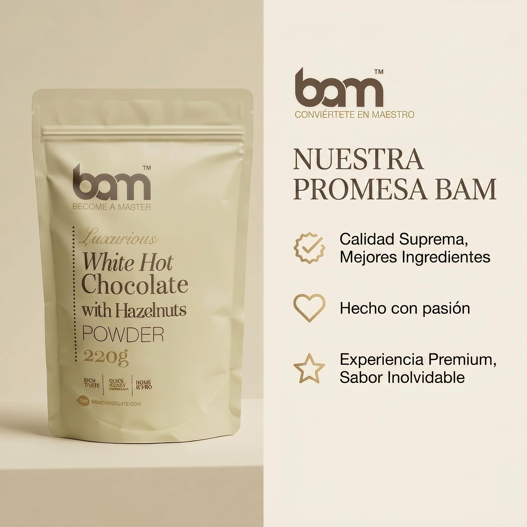 BAM Chocolate Blanco a la Taza con Avellanas, 220 g – Chocolate Caliente en Polvo – Preparado para Bebida Suave y Cremosa con Cuchara Medidora