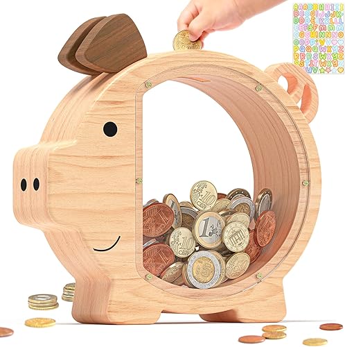 Summidate Alcancía de madera para niños, bonita caja de dinero para niños y niñas, banco de monedas de madera irrompible, tarro de dinero de ahorro