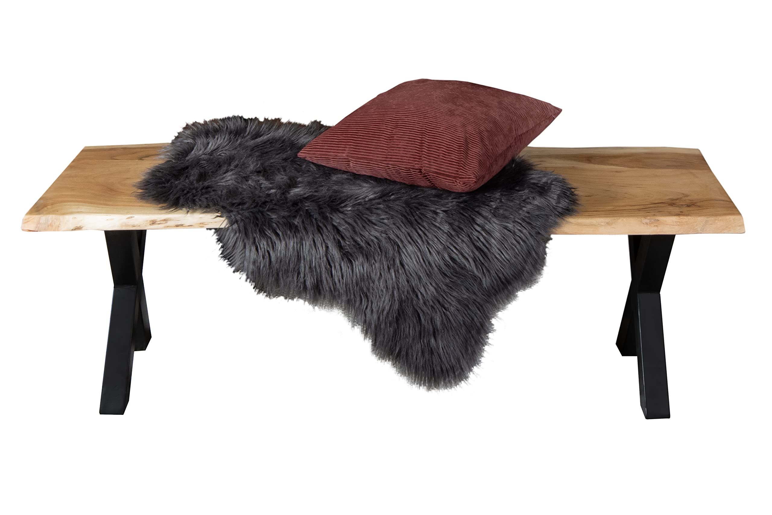 SAM Esszimmerbank 180x42 cm Quintus, Akazienholz massiv & naturfarben, echte Baumkante, Baumkantenbank mit X-Gestell Schwarz, Sitzbank mit 26 mm Platte