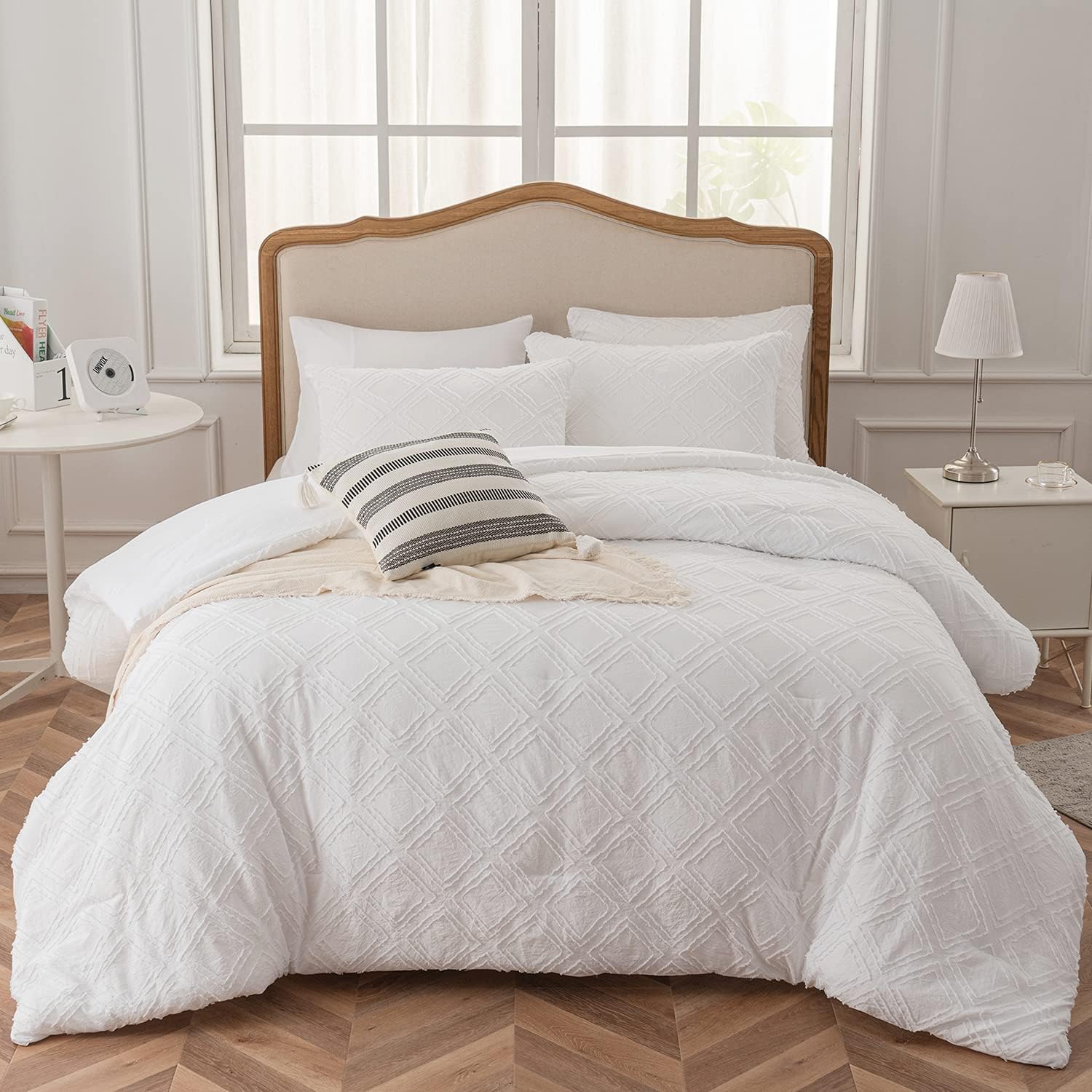 SLEEPBELLA White Queen Comforter Set Diamond Tufted Design, Lightweight Queen Size