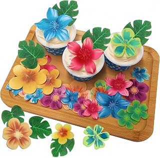 KLINNA 83 obleas de papel: 35 flores comestibles, 48 hojas para cupcakes, decoración de cumpleaños de la selva, ideal para fiestas hawaianas y tartas