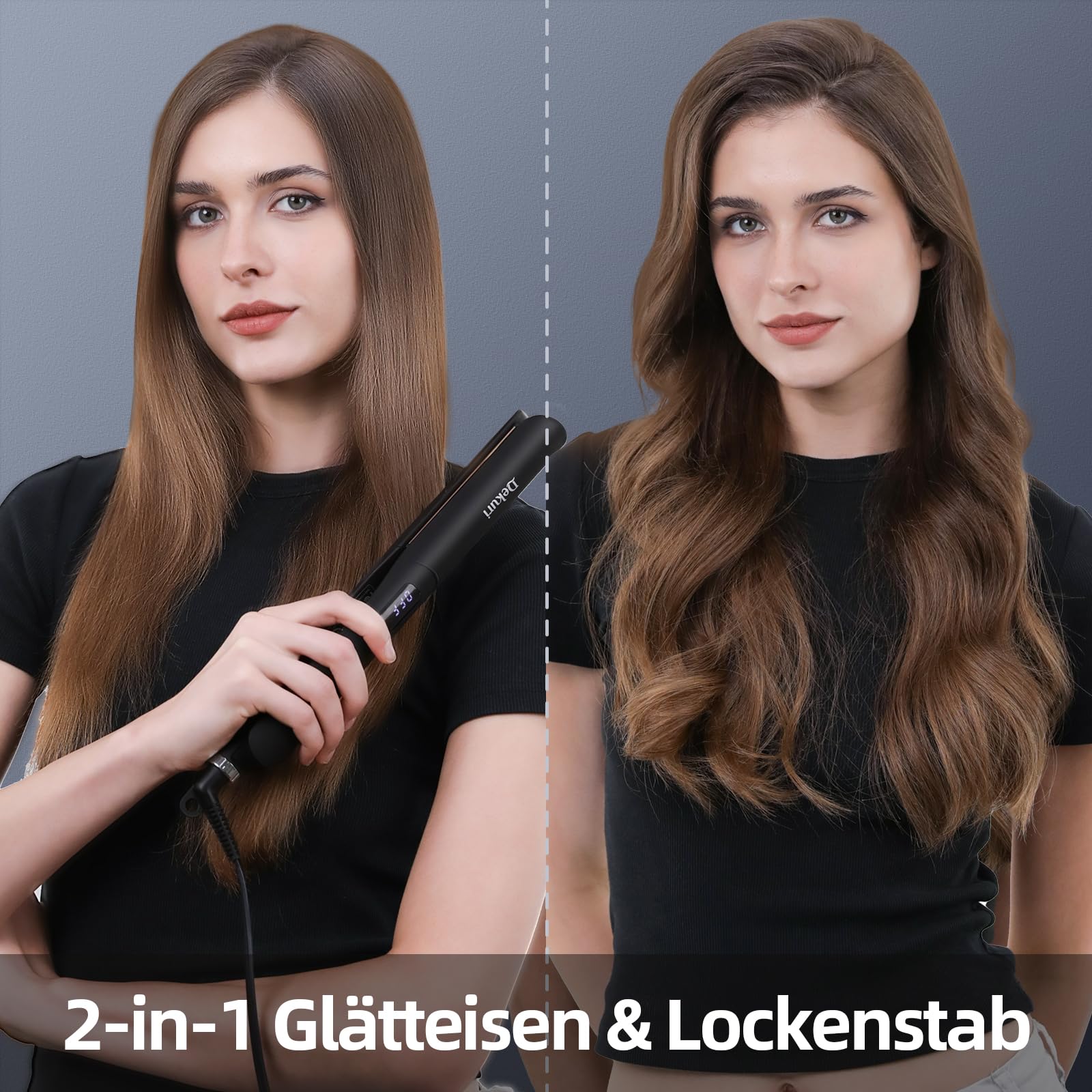 Dekuri Plancha de pelo 2 en 1 para rizar y alisar, plancha de pelo lisa de titanio, calentamiento rápido de 30 segundos, pantalla LED de 120 – 230 ℃, plancha iónica para el cabello para mujeres, color