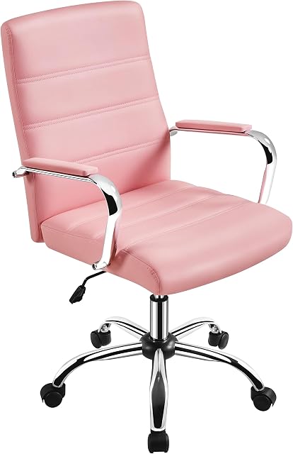Yaheetech Office Chair Leather Computer Desk Chair Adjustable Swivel Chair PC Task Chair with Arms and Back Support for Home Study Work Pink