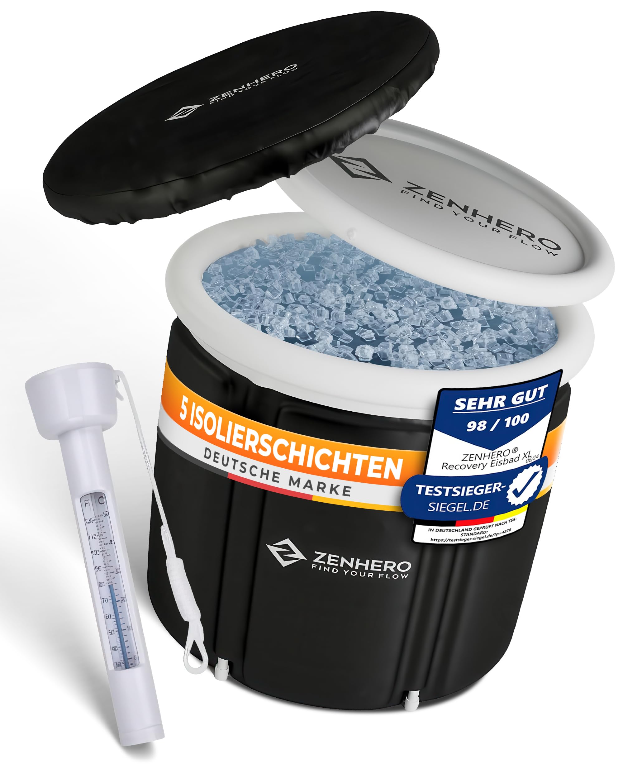 Zenhero Recovery Kit bain de glace (85 cm de diamètre) – Confort optimal et beaucoup d'espace – Plus grand que la norme – Avec thermomètre – Thérapie par le froid pour la maison – Tonneau à glace avec