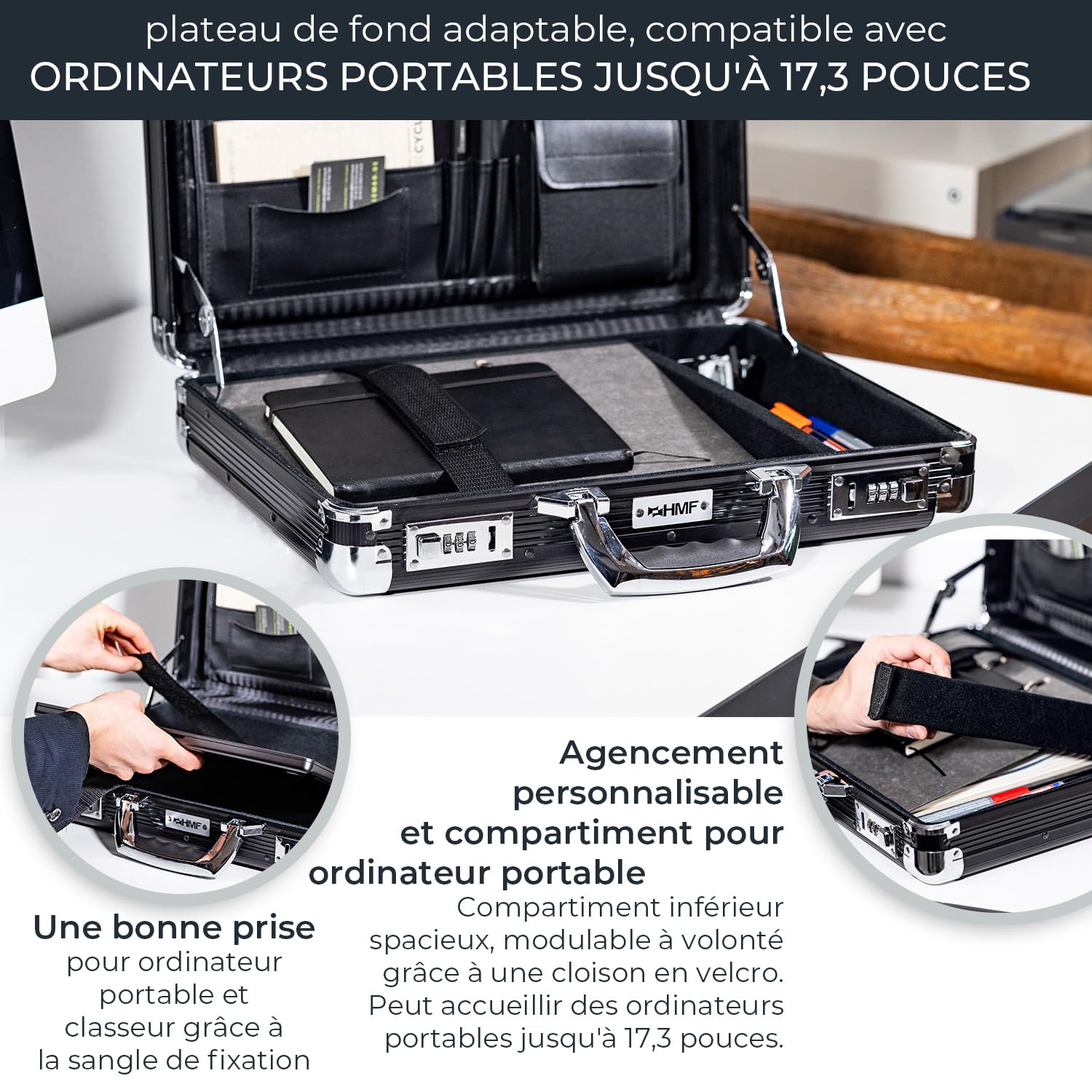HMF Mallette en aluminium pour ordinateur portable jusqu’à 17,3 pouces, Mallette business homme avec serrure à combinaison, compartiment rembourré et organiseur | 45 x 33 x 11 cm | Noir