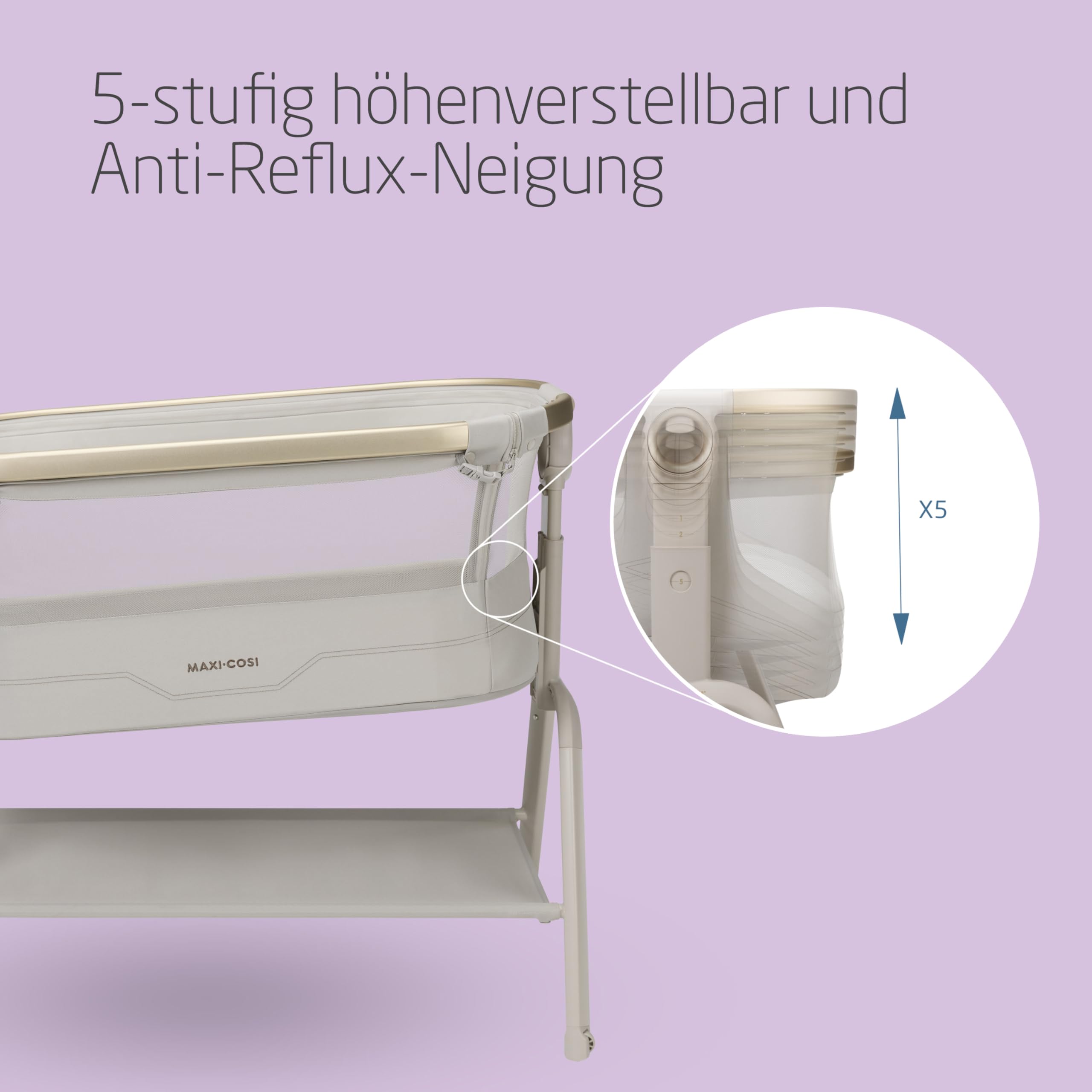 Maxi Cosi Iora² Baby Stubenbett, 0–6 kg, Klappbares Beistellbett, 5 cm CloudCore-Matratze, 5 Höhenstufen, Elegance Beige