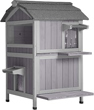 Suumerpety Insulated Outdoor Cat House, Wooden Weatherproof Feral Cats Shelter with Liner, Kitten Enclosures, 2 Story Kitten House