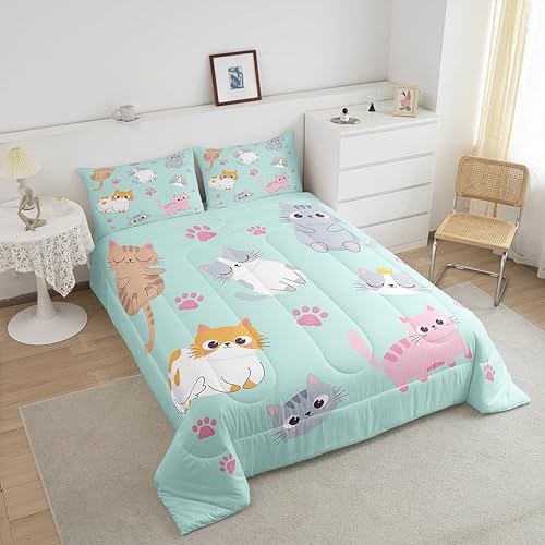 Miniatura 3 de Erosebridal Juego de ropa de cama para niños, tamaño individual, diseño de gatos de dibujos animados, para niñas, niños y adolescentes, edredón con