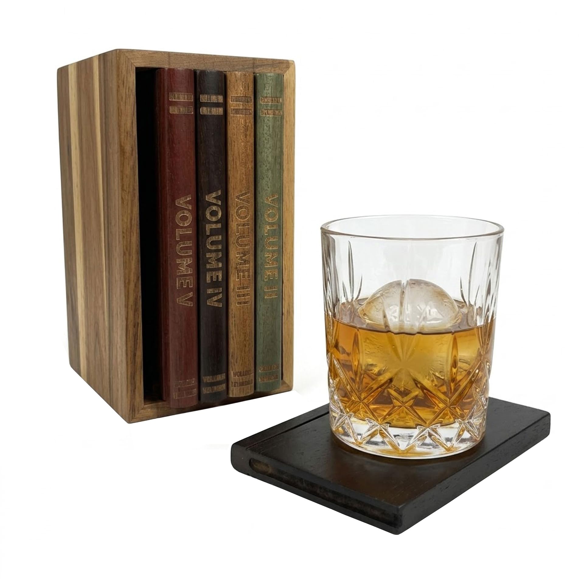 PSKJHN Set of 5 Acacia Book-Shaped Coasters with Holder, Creative Heat-Resistant Mats, Tabletop Decor & Ornaments, Wood Drink Coasters for Coffee, Tea & Cocktail Display Set of 5,3.5x3.1x5.7in