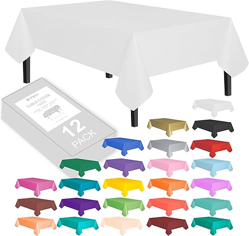 allgala Paquete de 12 manteles desechables de plástico de alta calidad, peso medio, 54 x 108 pulgadas, impermeable, resistente a las manchas, fácil