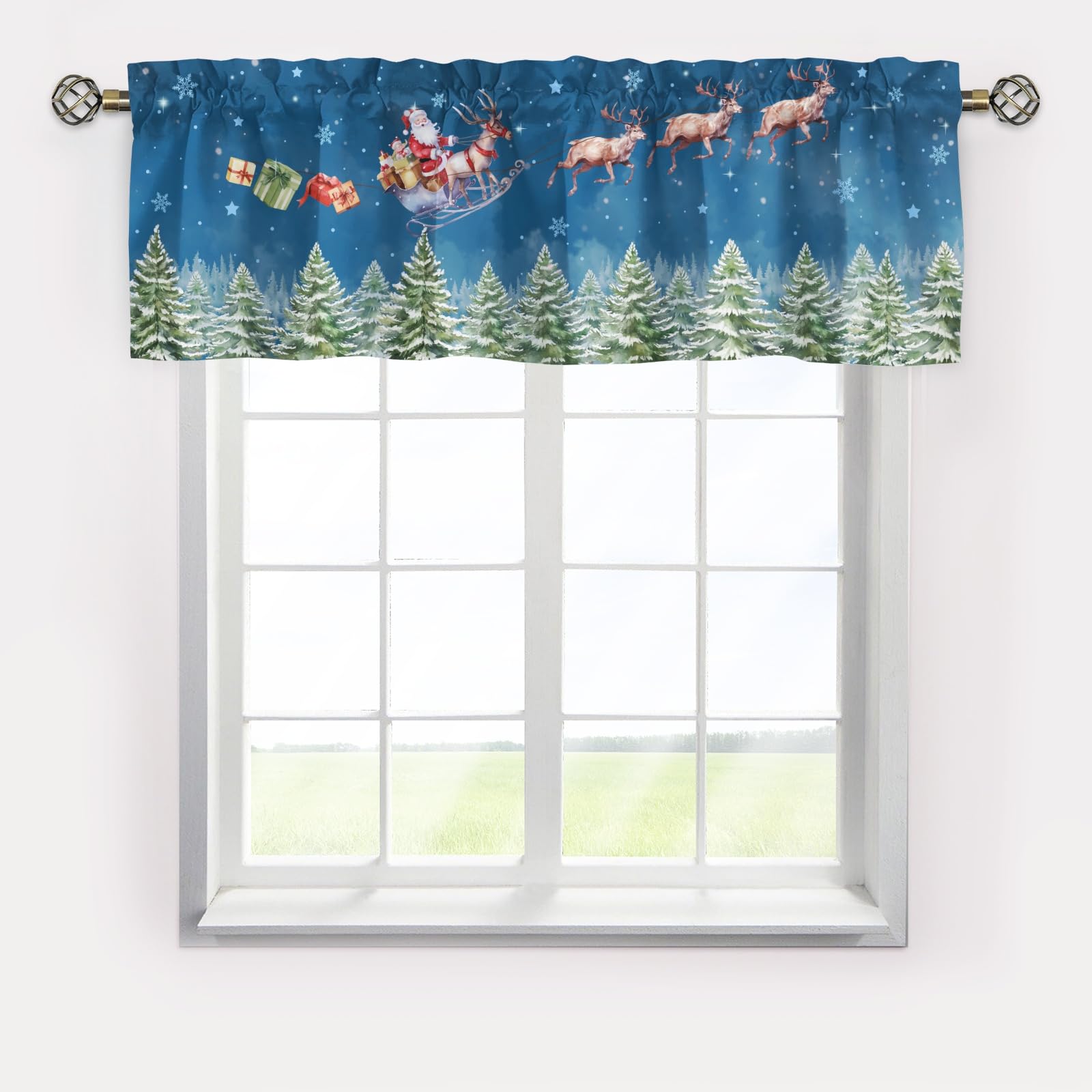 Christmas Santa Claus Elks Valance Curtains,Short Curtains Valance for Window,Blackout Valance Curtains,Rod Pocket Valance for Window,Farmhouse Curtains for Kitchen Bedroom Bathroom Living Room