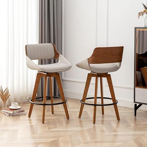 LUNLING Swivel Bar Stools Set of 2 Mid Century Modern Faux Leather Upholstered Counter Height Barstools,Kitchen Island Wooden Bar Chairs,25.6-Inch Armless Counter Stools with Wood Back and Legs,Gray