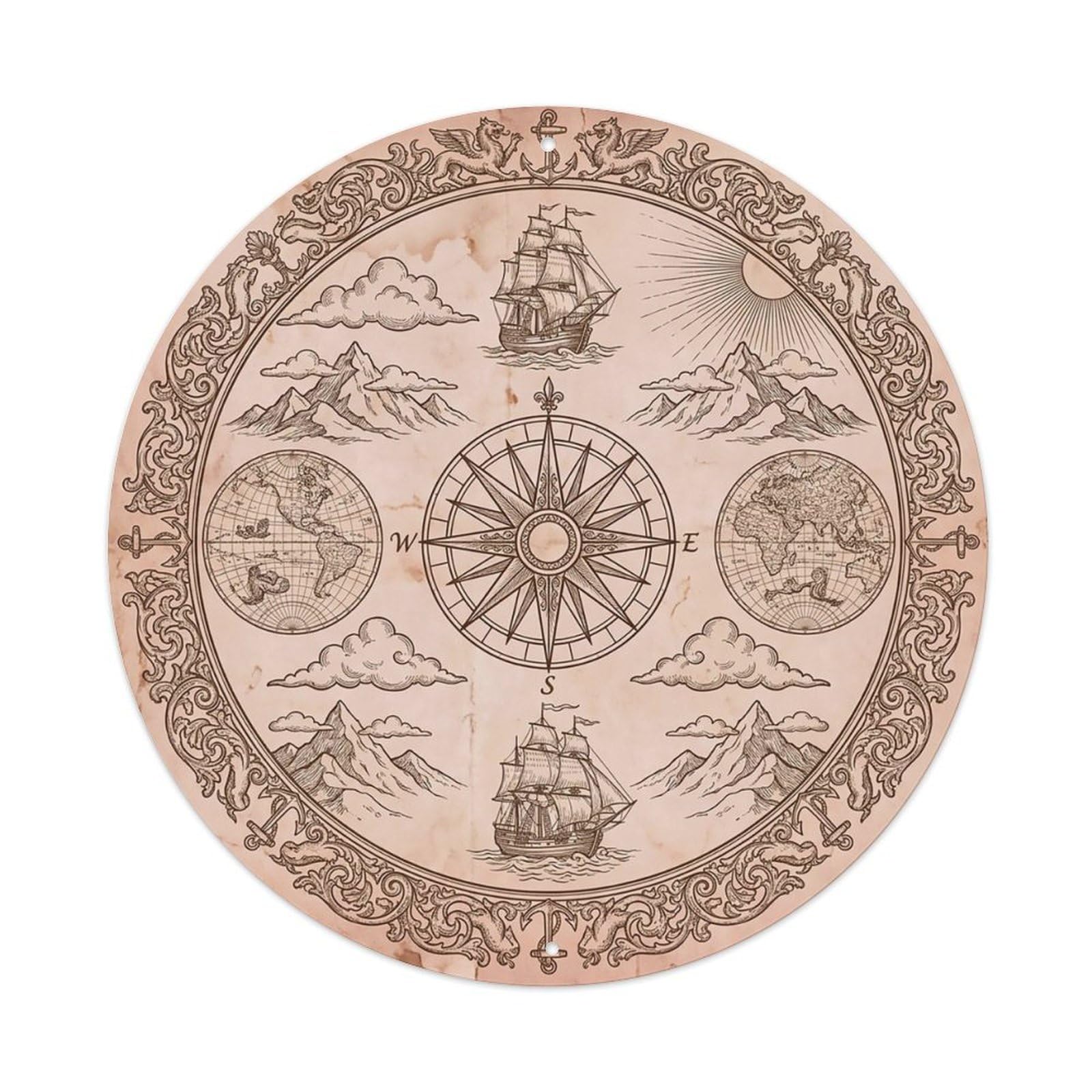 Vintage Nautical Compass World Map Cliff Path Metal Tin Sign