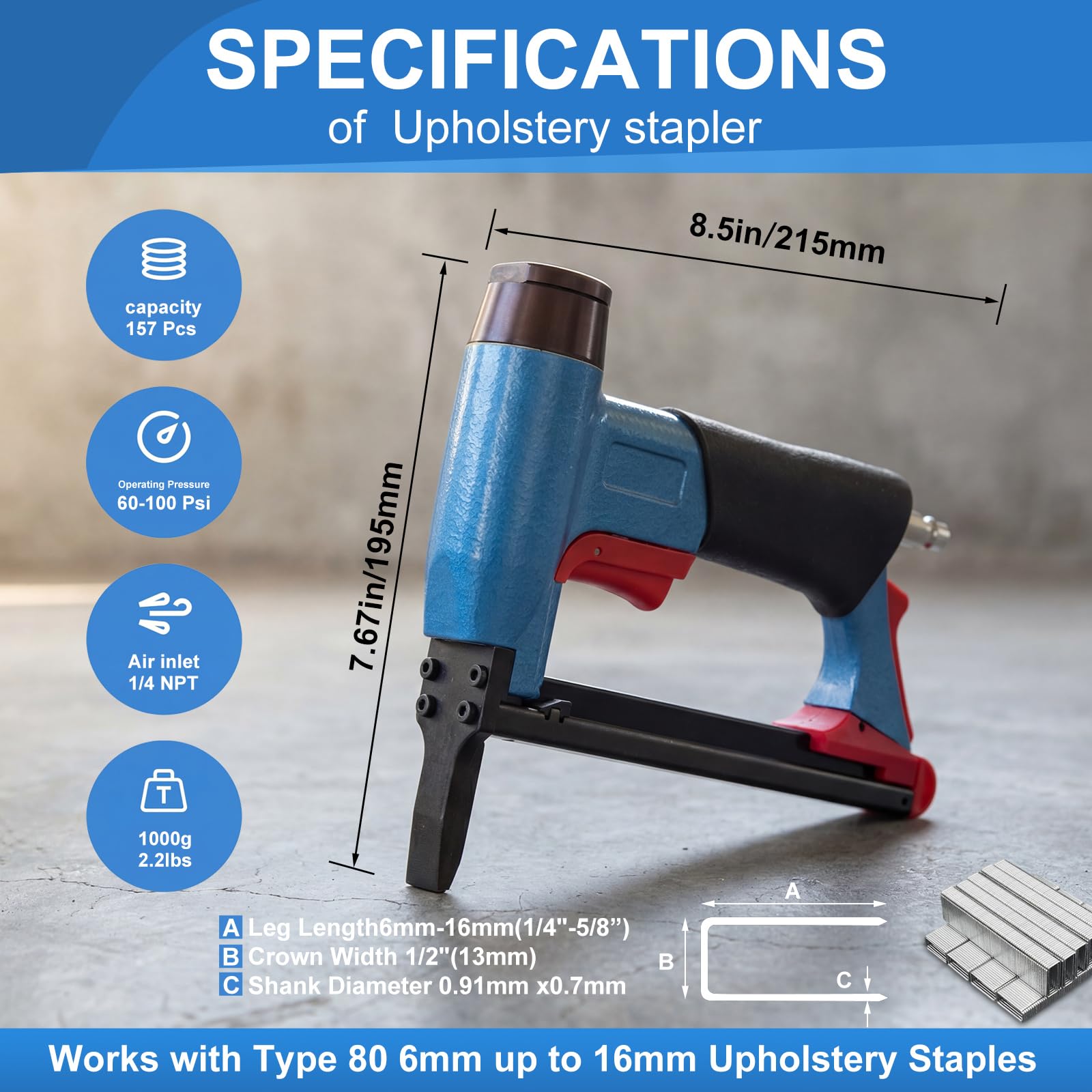 Cucitrice pneumatica per tappezzeria, calibro 21, compatibile con pistola ad aria serie 80 (corona da 1/2"), lunghezza 1/4"-5/8", caricatore 190 punti, 60-100 Psi, 1/4" Npt