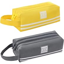 2 Pcs Oxford Fabric Pencil Case, Double Layer, Large Capacity Stationery Pouch with Double Zipper, Portable Pen Bag and Handle, 7.7 X 3 X 3 in, Yellow and Dark Grey