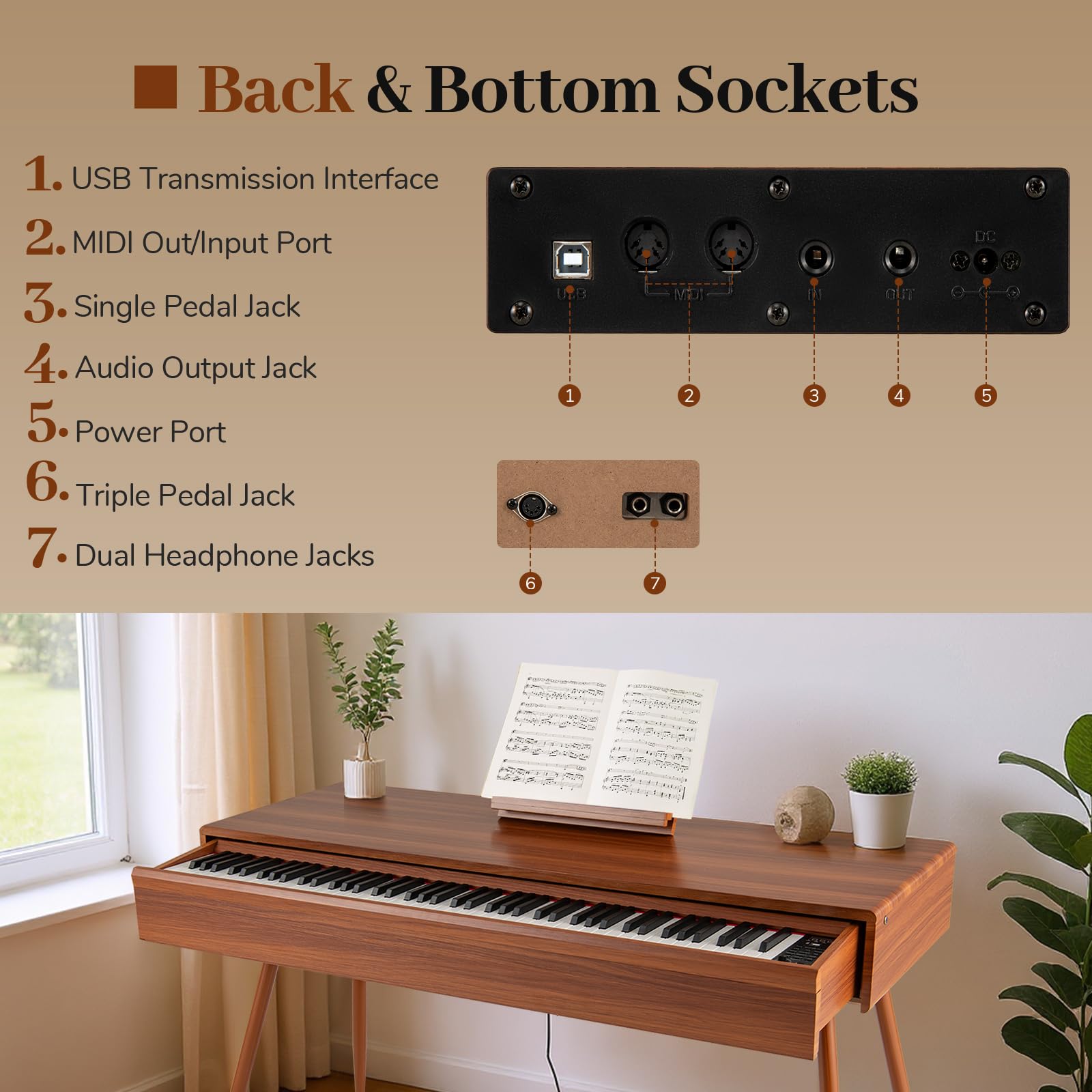 KOMFOTTEU Piano Digital de 88 Teclas Pesadas, Teclado de Piano Electrónico con 800 Sonidos y 600 Ritmos, Teclado Digital con Atril y 3 Pedales, Grabación/Reproducción