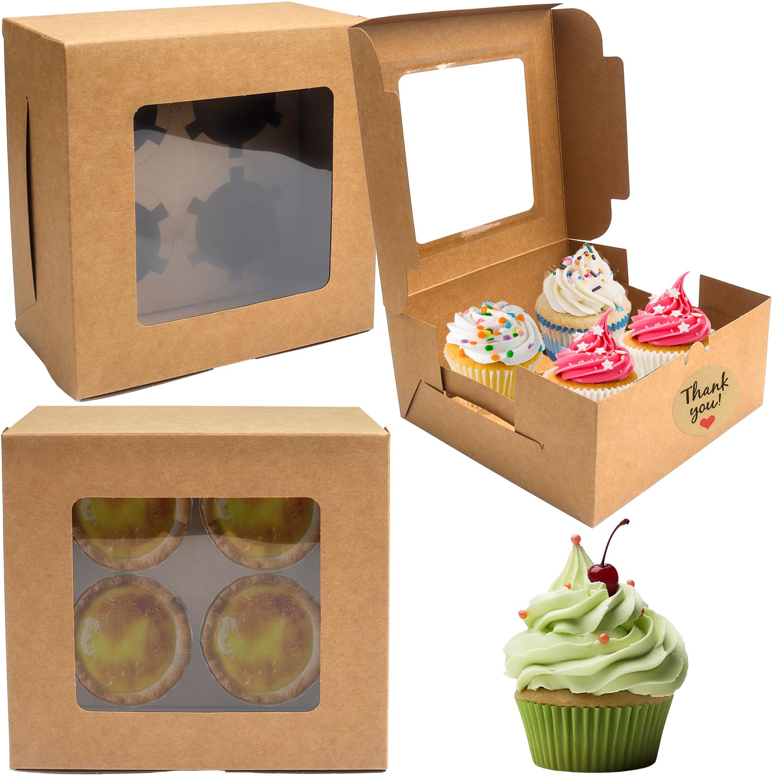 LHNNDM 20 Pcs Cupcake Boxes 4 Hole with Window and stickers, Cupcake Carrier Bakery Pastry Boxes Cookie Treat Muffins Boxes Carrier for Home Baker Birthday (Kraft 4 hold)